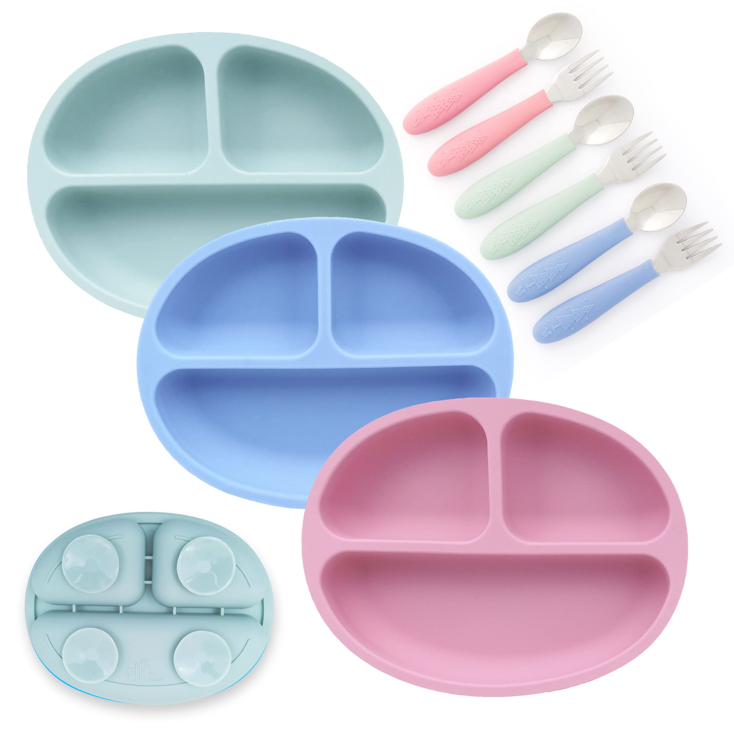 Elk and Friends Silicone Suction Plate for Babies & Toddlers with Stainless Steel Silverware Set | 3-Pack Divided Baby Plate with Strong Suction Base | Includes Forks & Spoons | Perfect for Home, Travel & Daycare Use