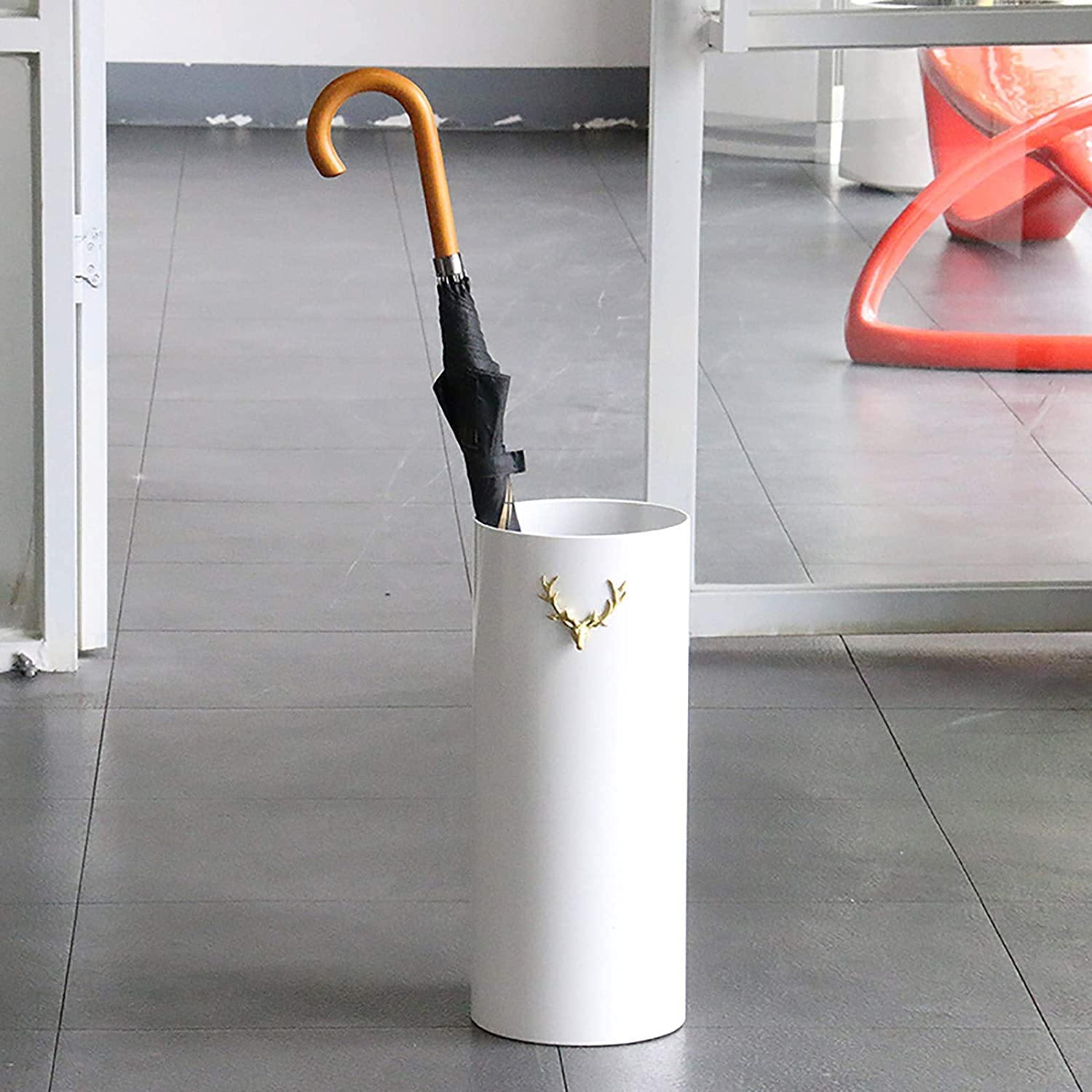 Modern Round Umbrella Stand - Stylish Organizer for Umbrellas, Walking Sticks & Wrapping Paper - White Home Decor for Entryway, Porch & Office Organization