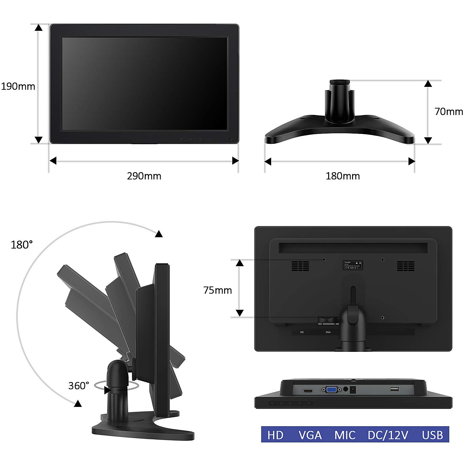 11.6 Inch Full HD 1080p Security Monitor - Compact Touch Screen Display with HDMI/VGA/USB Ports, Built-in Dual Speakers for Raspberry Pi, PC, Laptop & Mobile Phone - Ideal for Surveillance Systems, Digital Signage & Home Office Setup