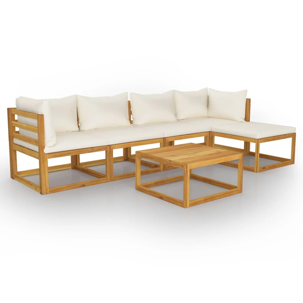Premium 6-Piece Acacia Wood Patio Lounge Set with Cushions & Coffee Table - Weather-Resistant Outdoor Furniture - Modern Cream Design for Backyard, Garden & Poolside Relaxation
