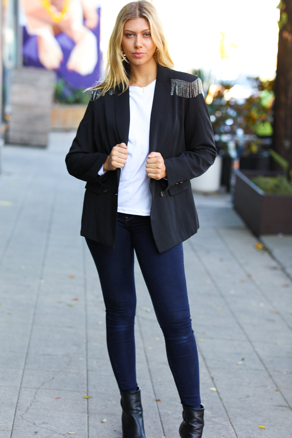 Stylish Black Shoulder Tassel Fringe Blazer for Women | Holiday Party Outfit & Office Wear | Elegant Evening Jacket for Christmas, New Year & Special Occasions