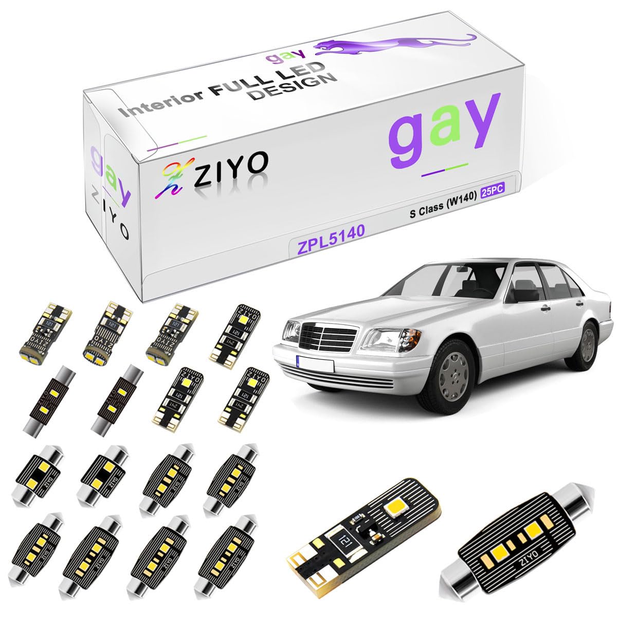 ZIYO ZPL5140 - 25pcs 6000K Xenon White LED Interior Light Bulbs Kit for Mercedes Benz S Class W140 (1991-1999) - Error Free Dome Light Upgrade - Perfect for Night Driving & Interior Lighting Enhancement
