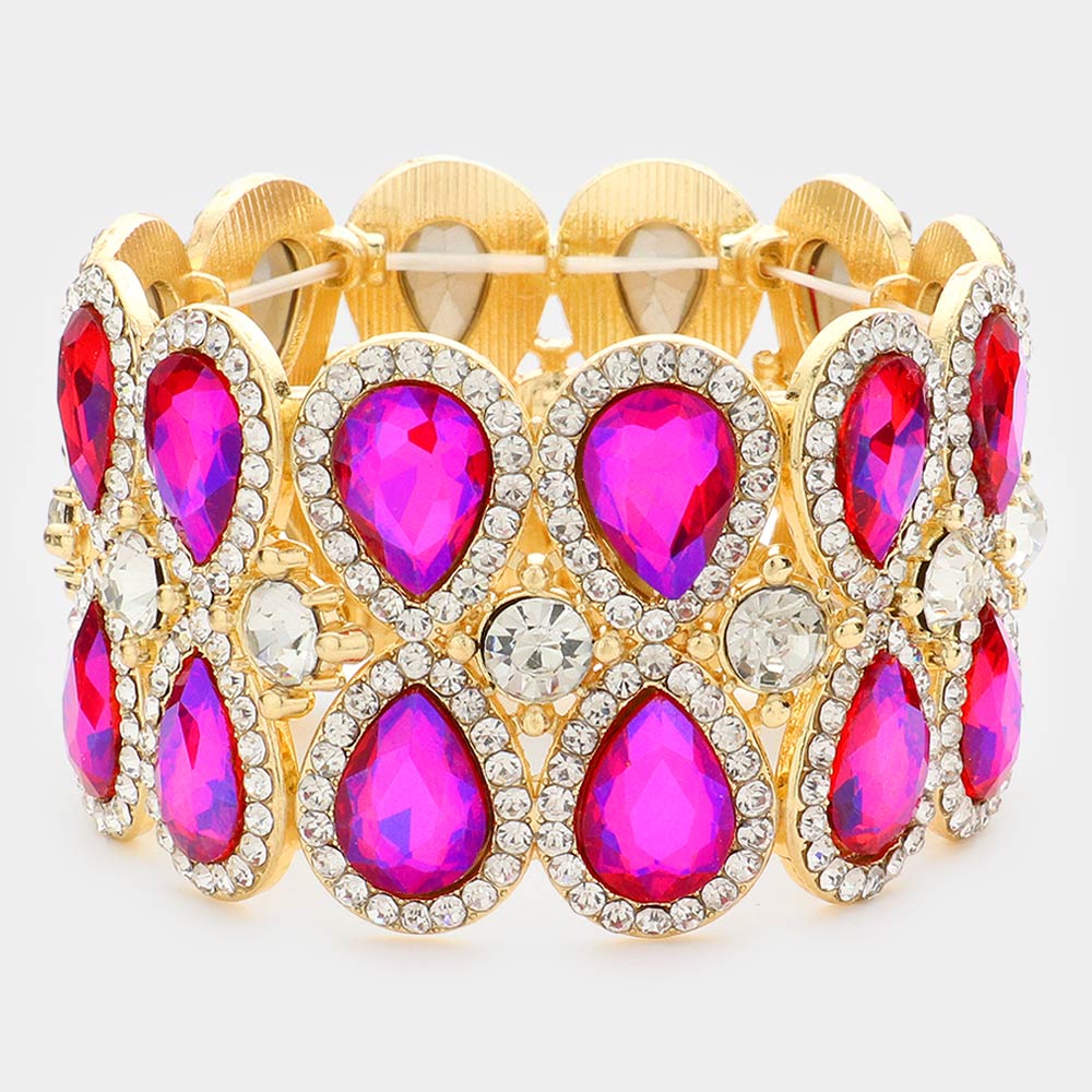 Double Teardrop Fuchsia Crystal Stretch Bracelet for Women - Adjustable Beaded Elastic Wristband - Elegant Jewelry Gift for Birthday, Party & Special Occasions