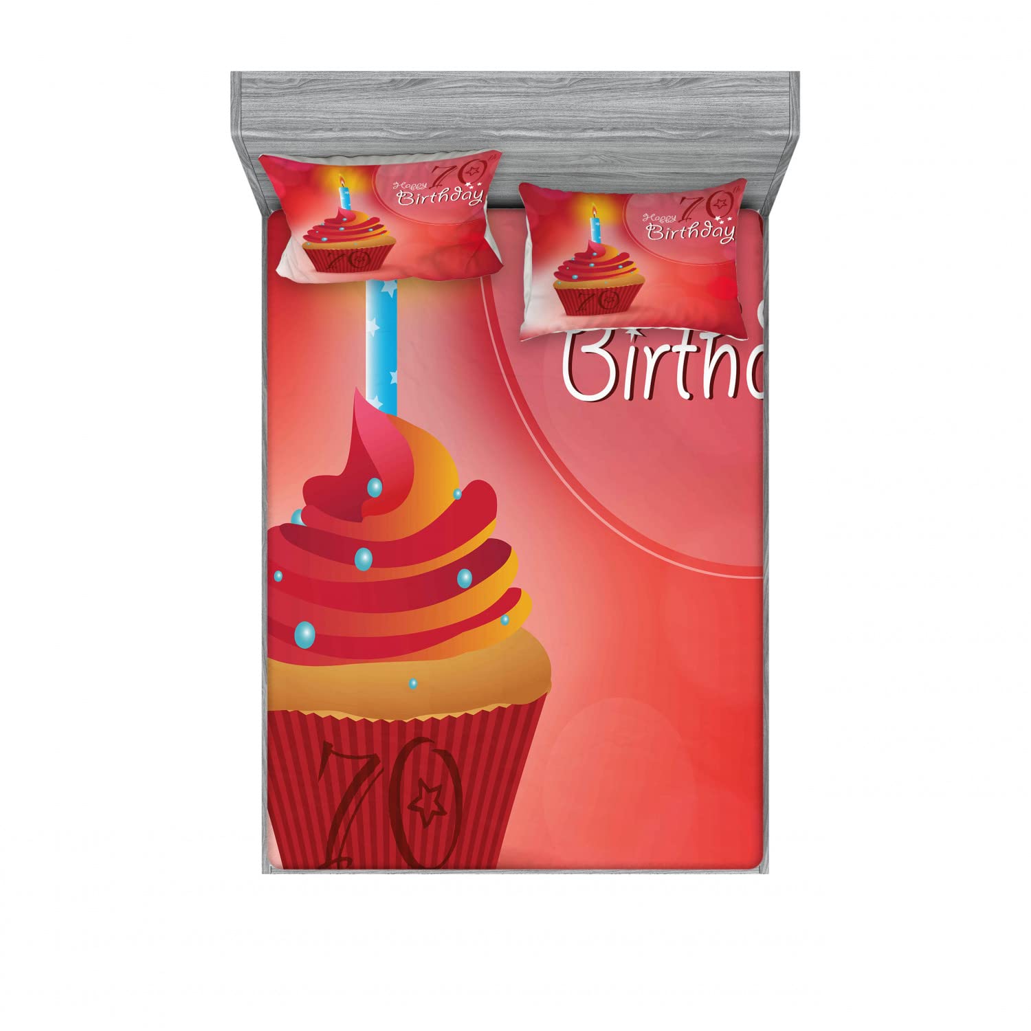 Ambesonne Birthday 2-Piece King Size Fitted Sheet Set with 4 Pillow Shams - Cupcake Abstract Design in Red & Orange | Soft Bedding Decor for Parties, Guest Rooms & Themed Celebrations