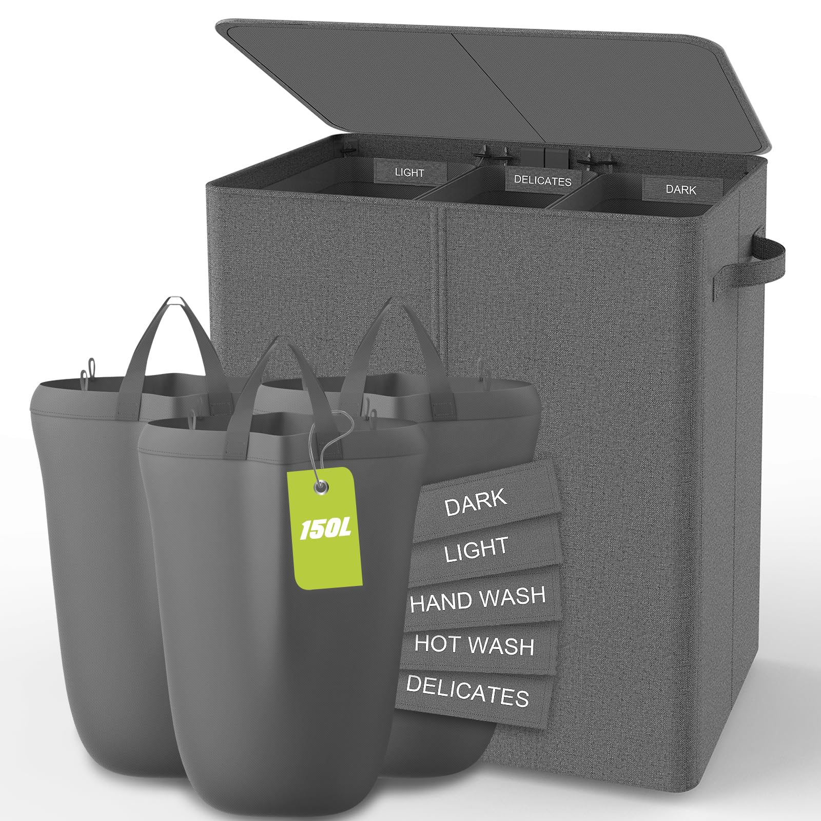 3-Section Laundry Hamper with Lid & Removable Bags - 150L Large Capacity Clothes Basket for Bedroom, Laundry Room Organization | Perfect for Sorting Whites, Colors & Delicates | Space-Saving Storage Solution