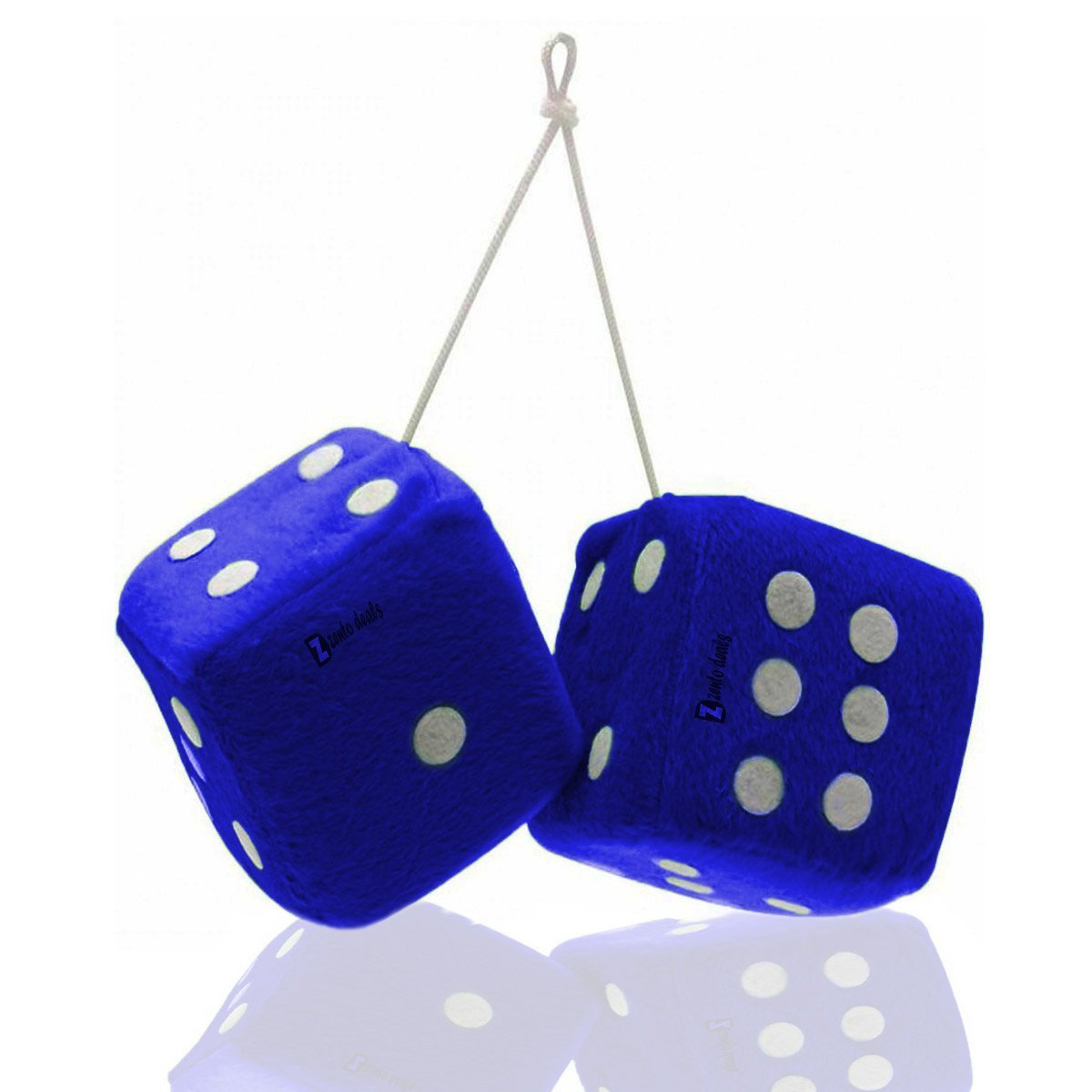 Zento Deals Pair of Hanging Black Dots Fuzzy Dice - Nostalgic Retro Blue Car Accessories for Rearview Mirror Decoration & Vintage Auto Decor