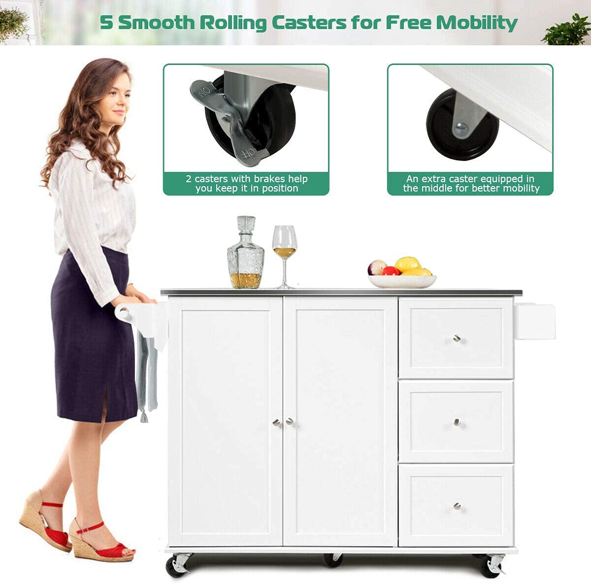 Mobile Kitchen Island Cart with Stainless Steel Top & Storage - Perfect for Small Kitchens & Dining Areas