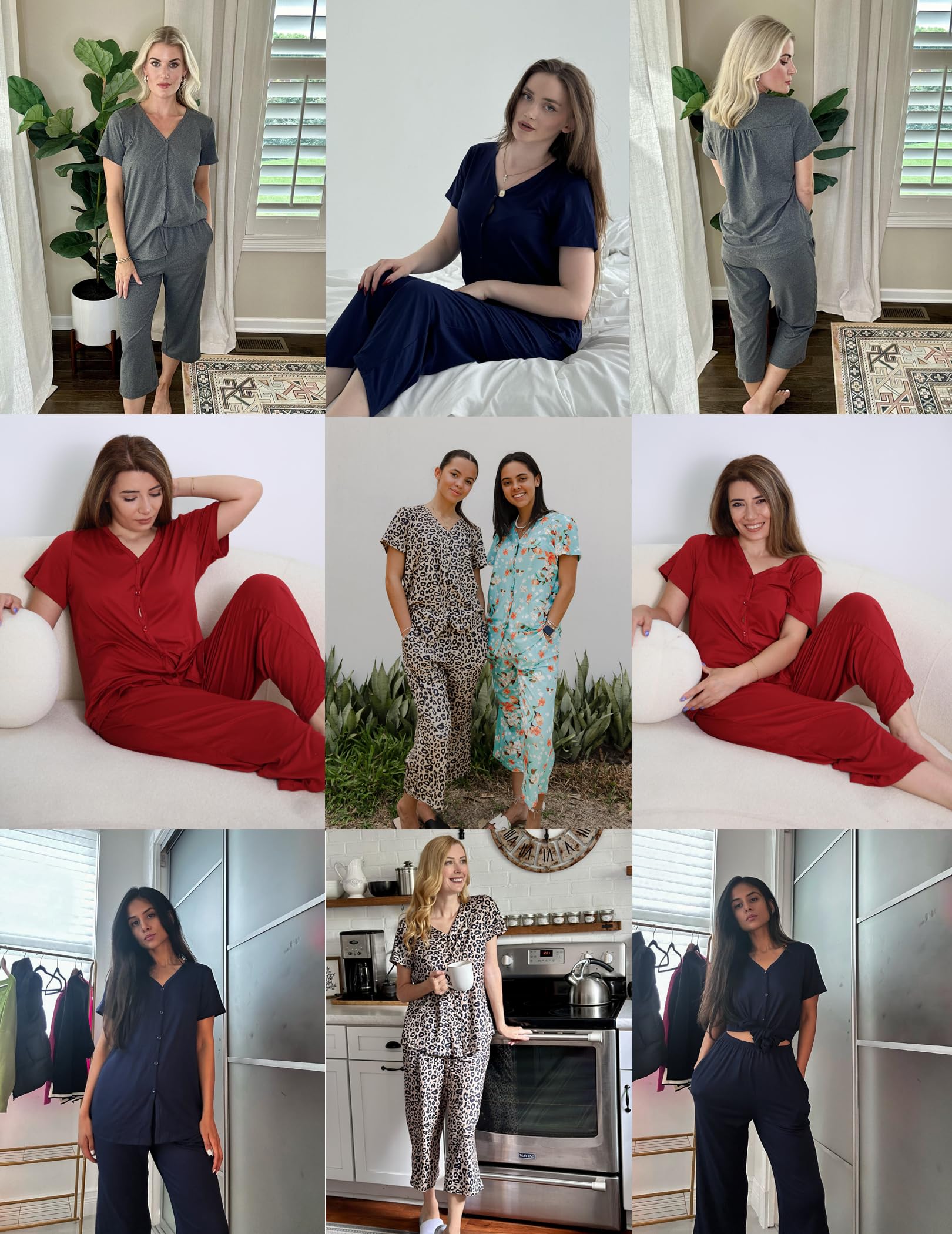 Ekouaer Women's Pajama Set - Short Sleeve Sleepwear with Pockets for Lounge & Sleep
