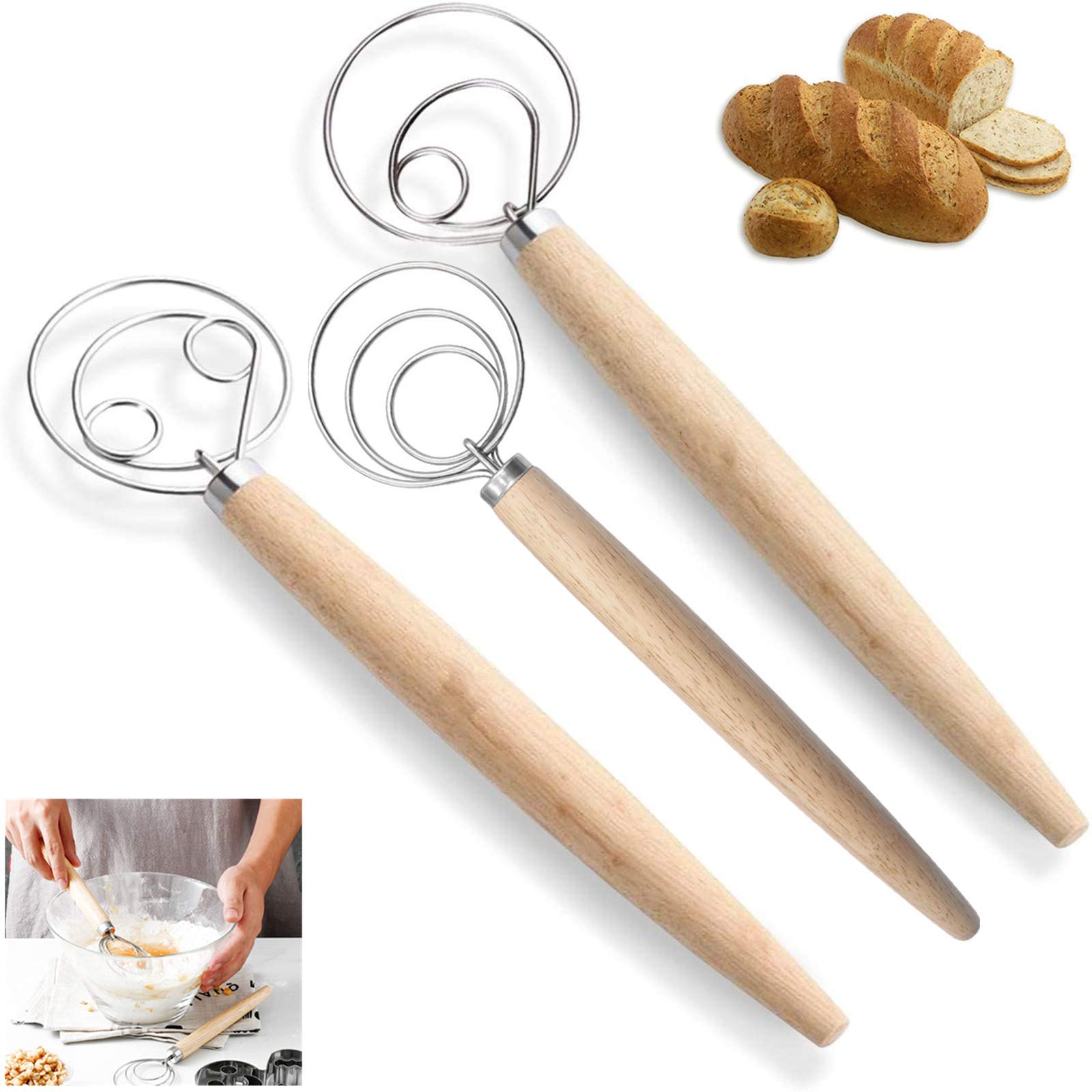 Premium Stainless Steel Danish Dough Whisk - 3 Pack Original Danish Bread Mixer for Baking Cakes, Desserts, Pizza & Pastry | Ideal for Home Bakers & Professional Kitchens