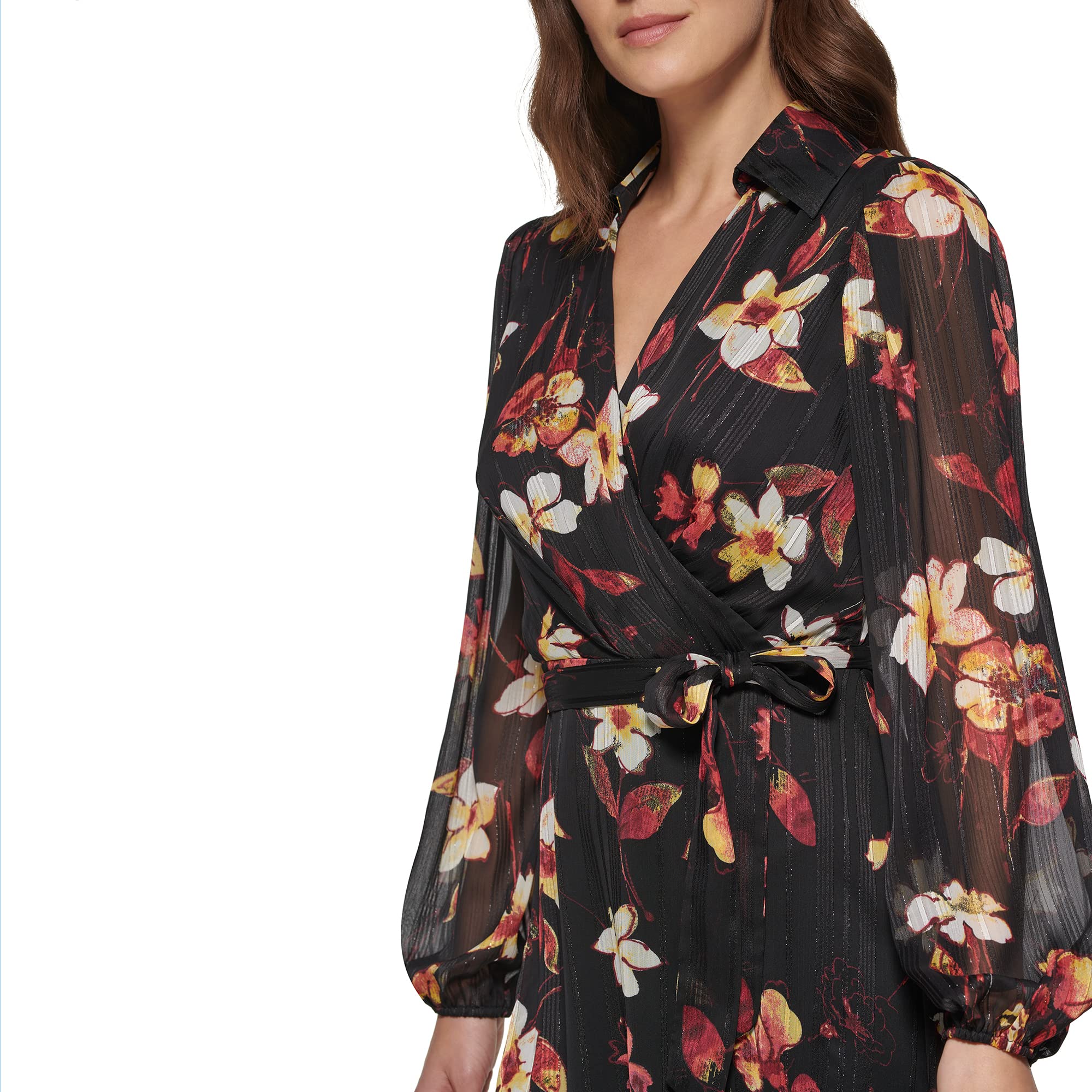 DKNY Women's Long Sleeve Faux Wrap Dress - Elegant Office Wear & Cocktail Party Dress for Women | Plus Size Options Available