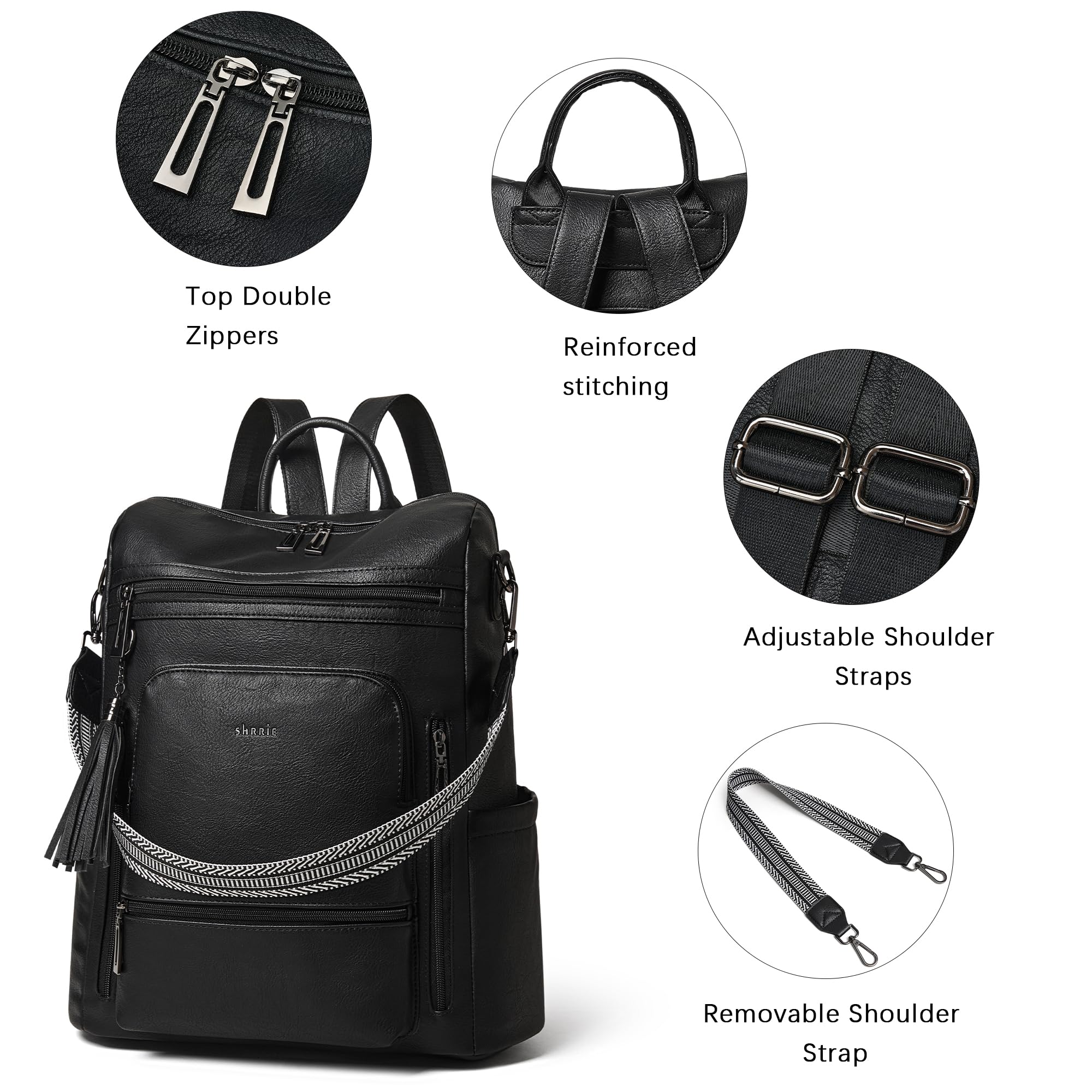 Shrrie Vegan Leather Laptop Backpack for Women - 15.6 Inch Waterproof Work Backpack with USB Charging Port, Stylish College Travel Backpack Purse for Business, Commuting & Daily Use