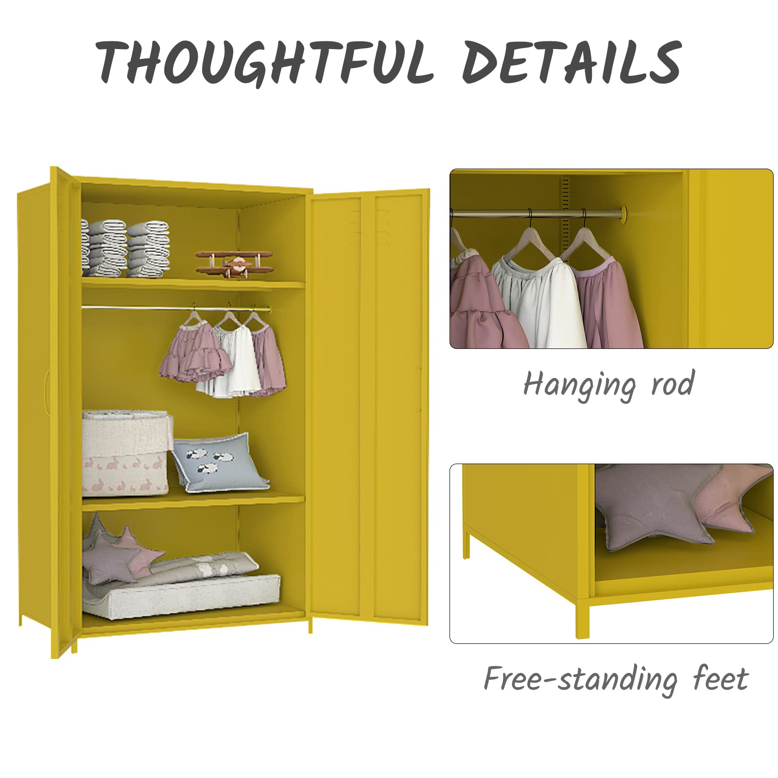Yellow Steel Locker Cabinet - Double Door Metal Storage Locker with Hanging Rod & Shelves for Bedroom, School, Classroom - Perfect for Organizing Toys, Clothes & Sports Equipment
