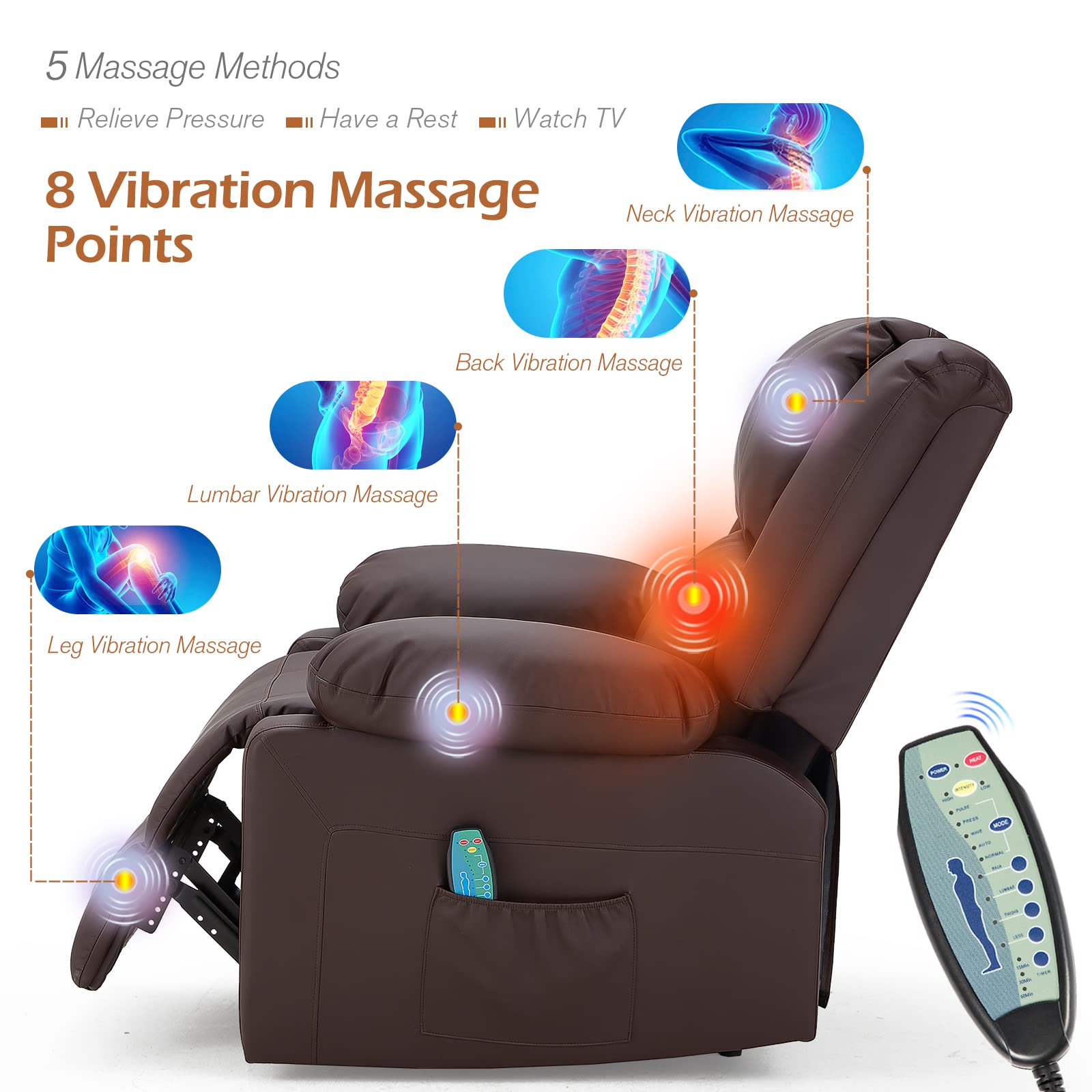 Premium Massage Recliner Chair with Heat Function - 360° Swivel & Rocking Motion, Faux Leather Living Room Sofa for Adults, Home Theater Seating with Convenient Side Pockets (Brown) - Perfect for Relaxation, Movie Nights & Living Room Comfort