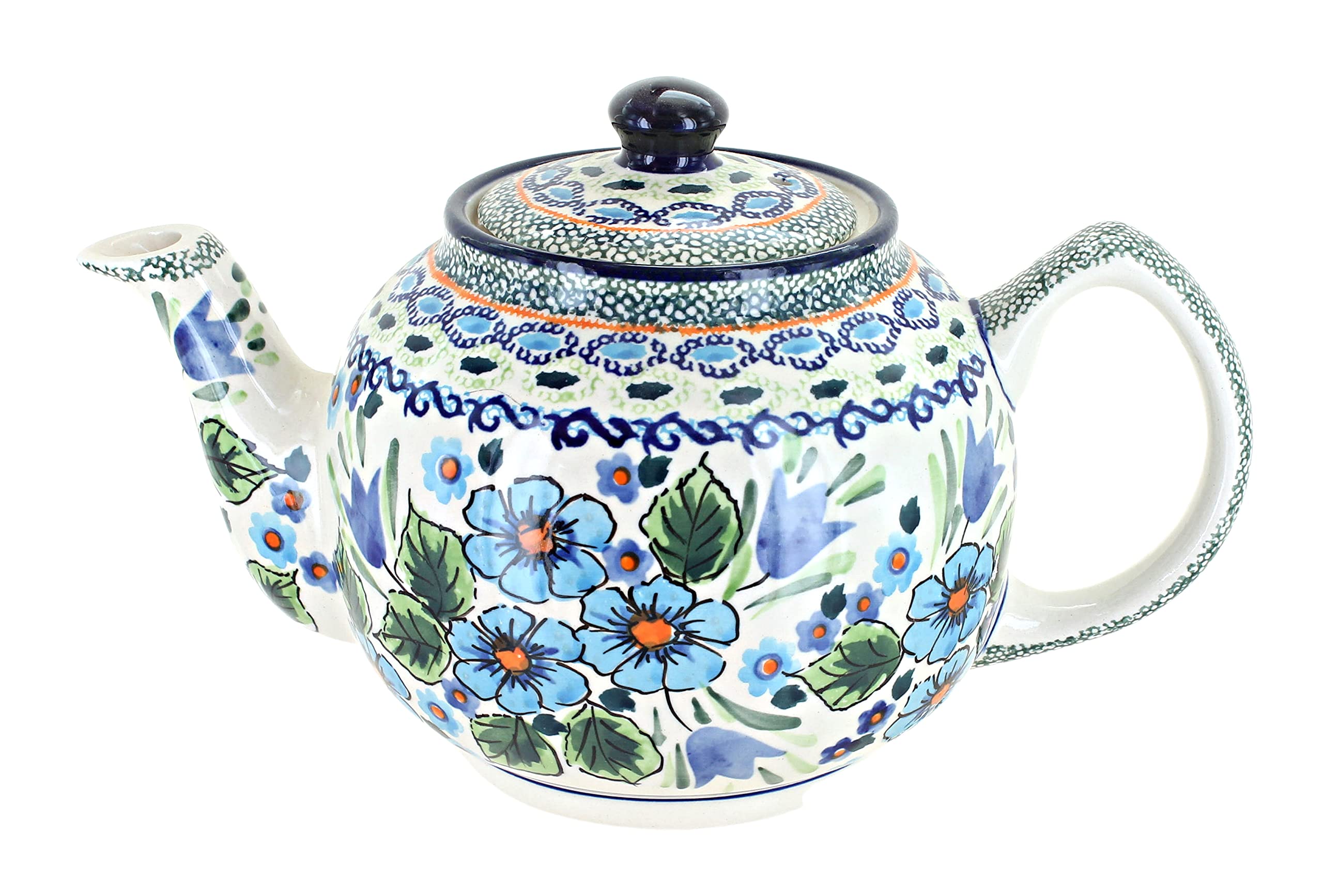 Blue Rose Polish Pottery Ballina Medium Teapot - Handcrafted Ceramic Teapot with Floral Design, 32oz Capacity - Perfect for Afternoon Tea, Gifts & Home Decor
