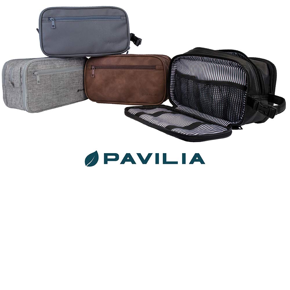 PAVILIA Men's Travel Toiletry Bag - Waterproof PU Leather Dopp Kit Organizer for Shaving, Cosmetics & Grooming Essentials | Perfect for Business Trips, Gym & Vacation (Black)