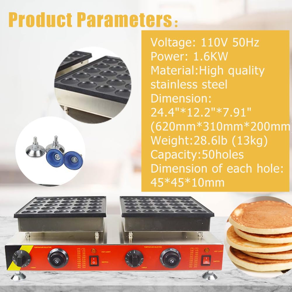 Commercial Electric Mini Dutch Pancake Maker Iron Baker - 110V, 50 Holes, Non-Stick Surface - Perfect for Breakfast, Cafes, and Catering Events