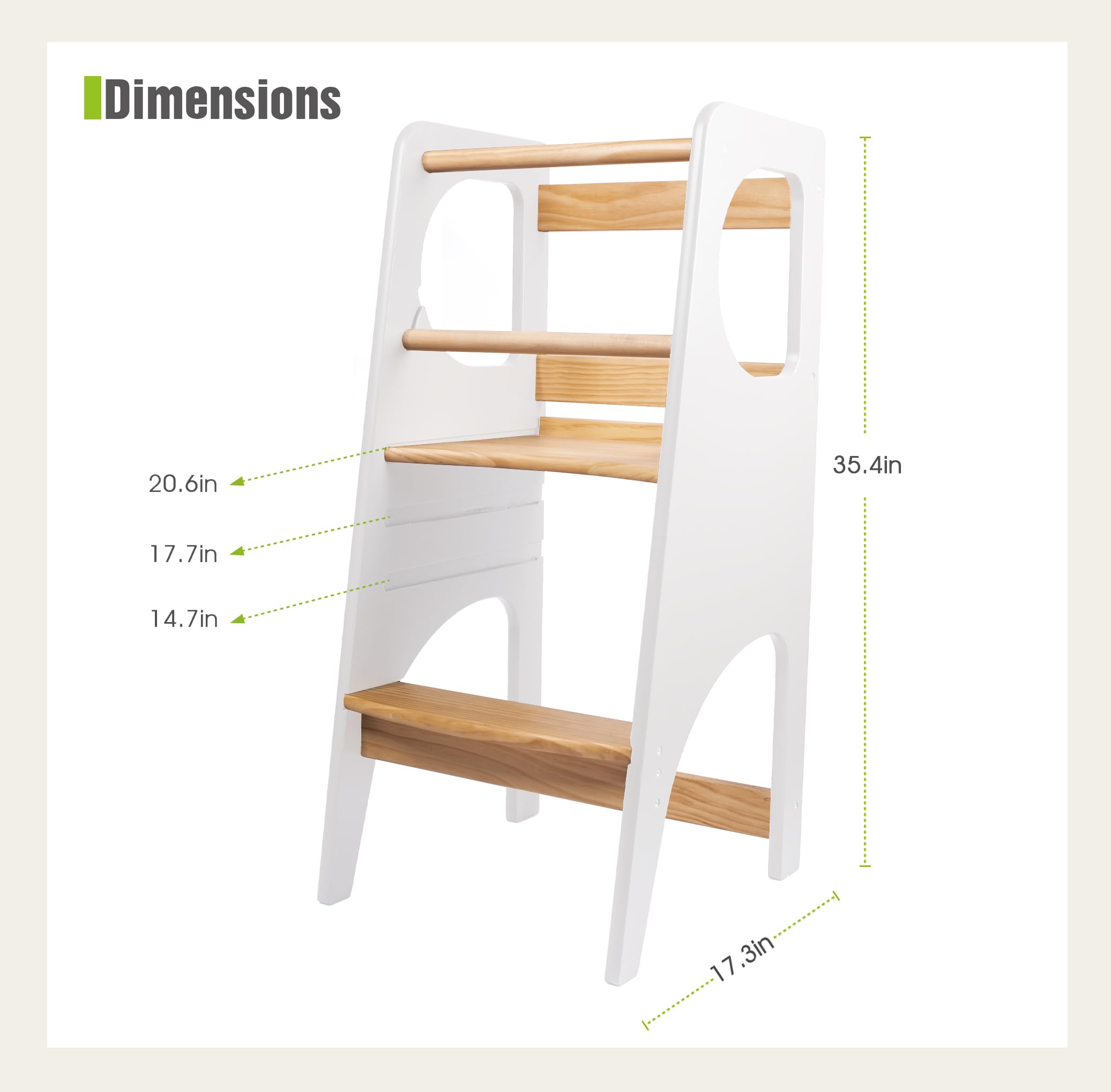 Premium Adjustable Height Wooden Step Stool for Kids with Handle & Safety Rail - Toddler Learning Stool for Kitchen, Bathroom, Bedroom - Safe Step-Up Helper for Washing Hands, Reaching Sink & Independent Play
