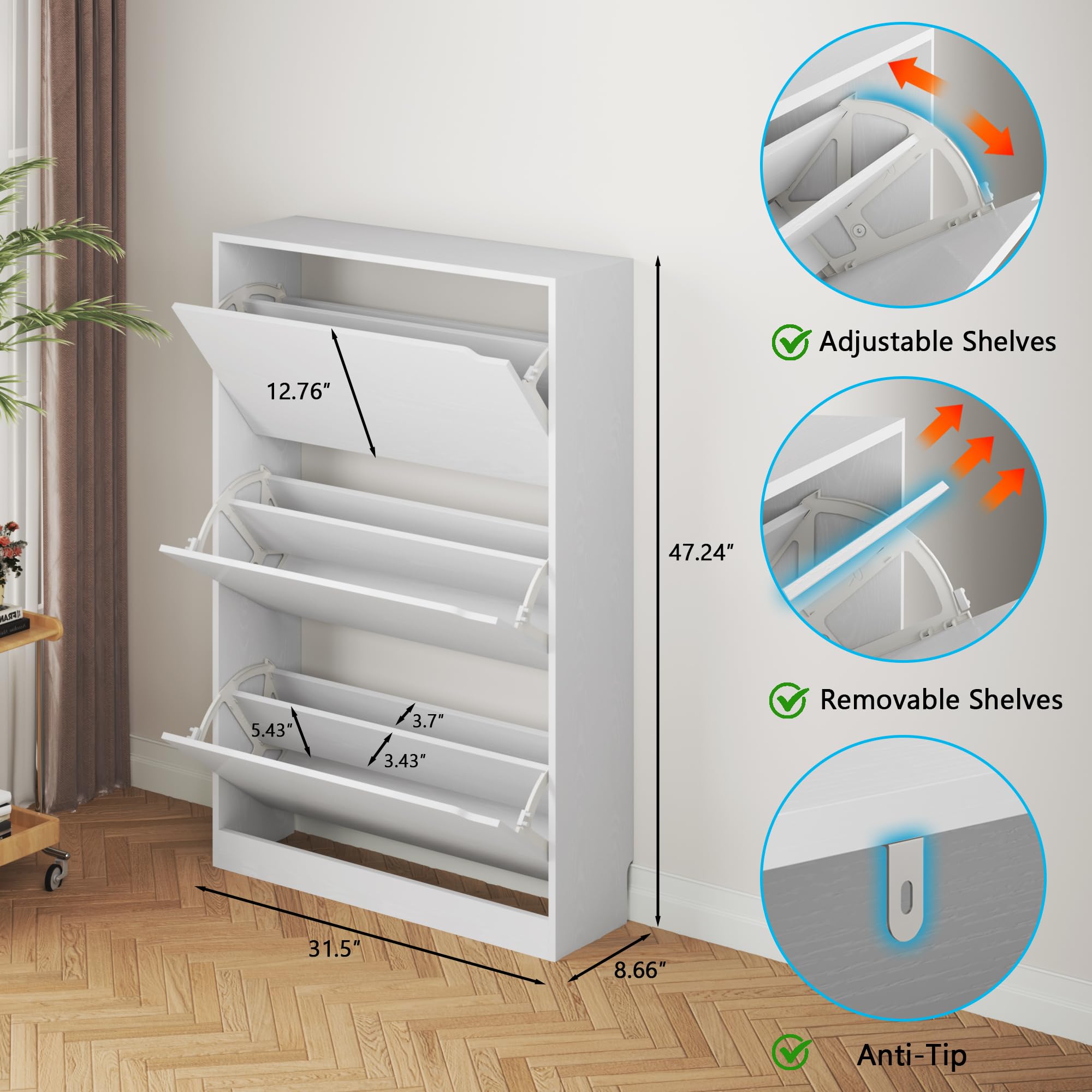 White Shoe Storage Cabinet with 3 Flip Drawers - Hidden Wooden Entryway Organizer (47.2