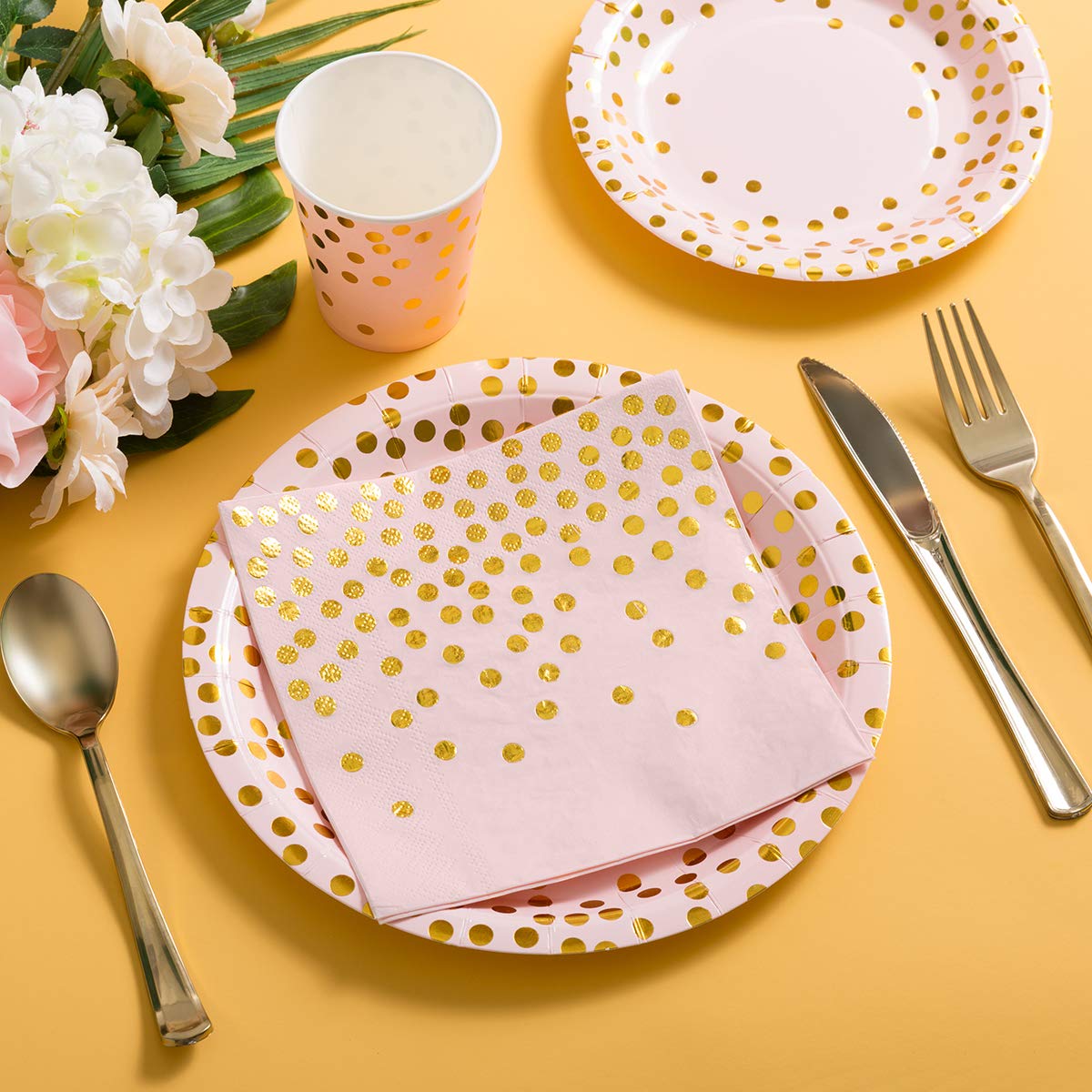 Pink and Gold Party Supplies Set - 175Pcs Disposable Paper Plates, Cups, Napkins with Gold Dots & Gold Plastic Cutlery for Baby Shower, Wedding, Bridal Shower - Serves 25 Guests - Perfect for Elegant Celebrations and Special Occasions