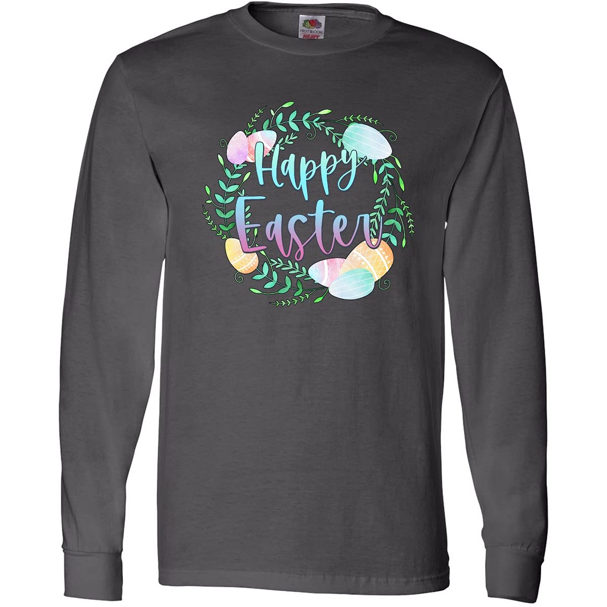 Inktastic Happy Easter Pastel Egg Wreath with Laurels Long Sleeve T-Shirt - Cute Spring Tee for Women, Easter Outfit, Holiday Party, Family Gathering
