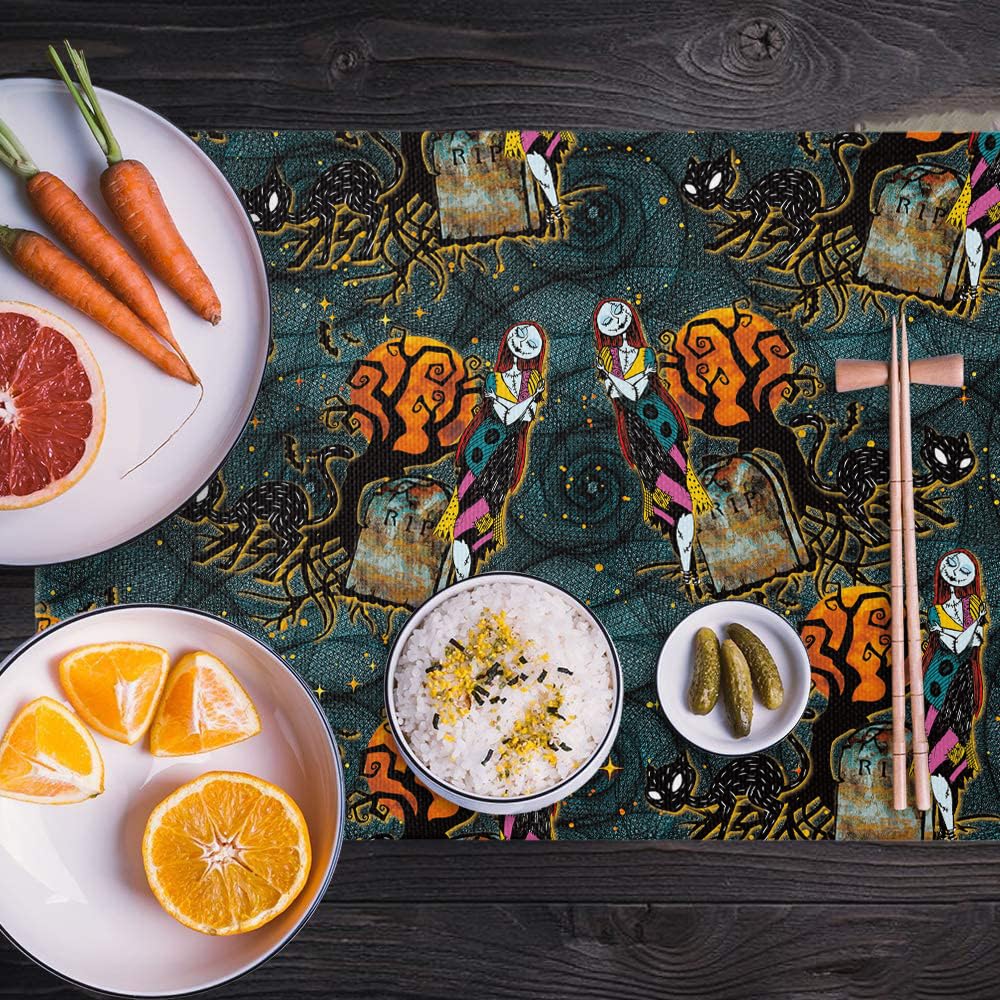 4Pcs Halloween Placemats Set - Cute Sally & Cat Themed Washable Table Mats for Kitchen Dining - Nightmare Before Christmas Decorations - Heat Resistant Holiday Tableware for Halloween & Christmas Parties