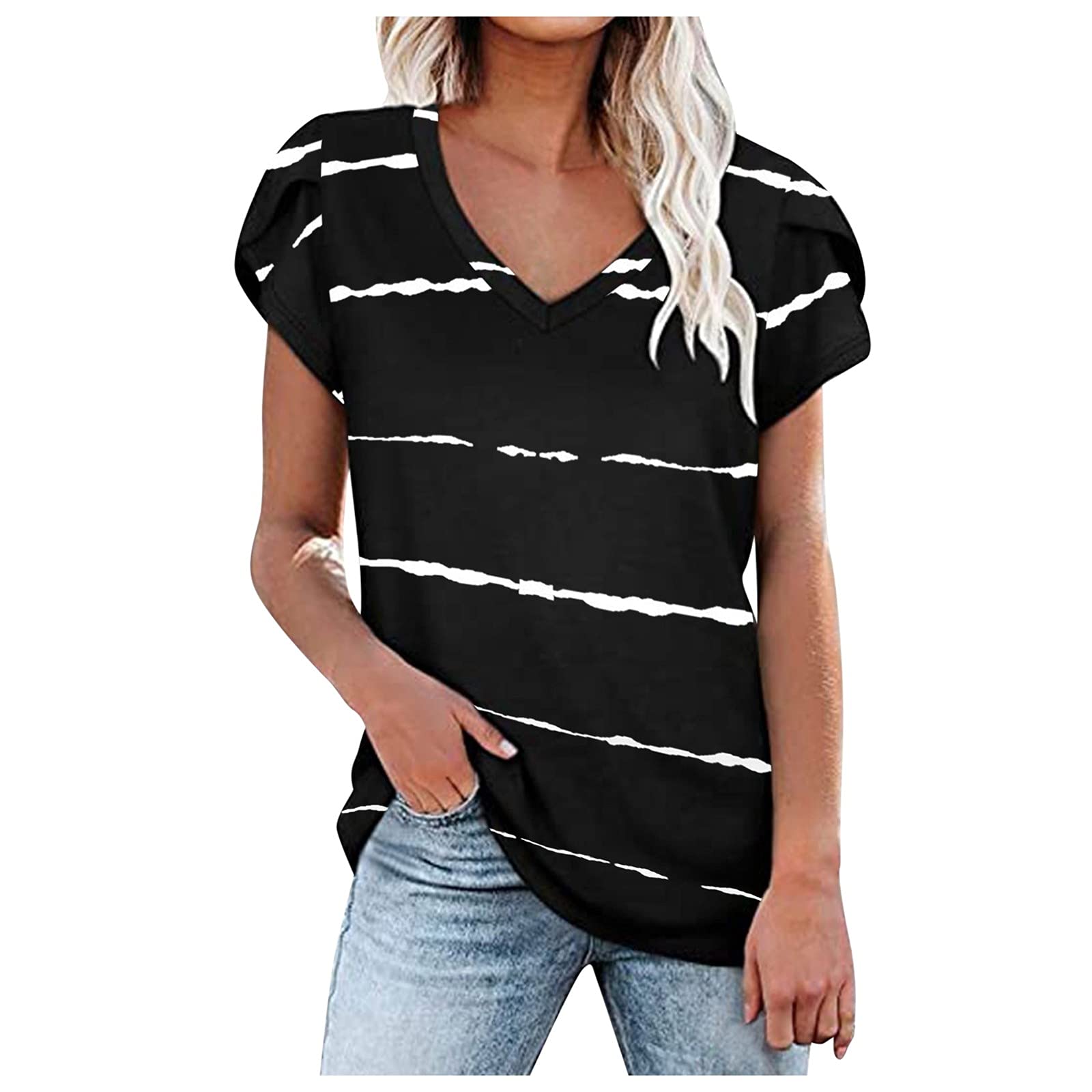 Plus Size Women's Summer Casual Tops - Short Sleeve V-Neck Loose Tee with Petal Sleeves | Dressy Casual Shirts for Work, Weekend & Vacation