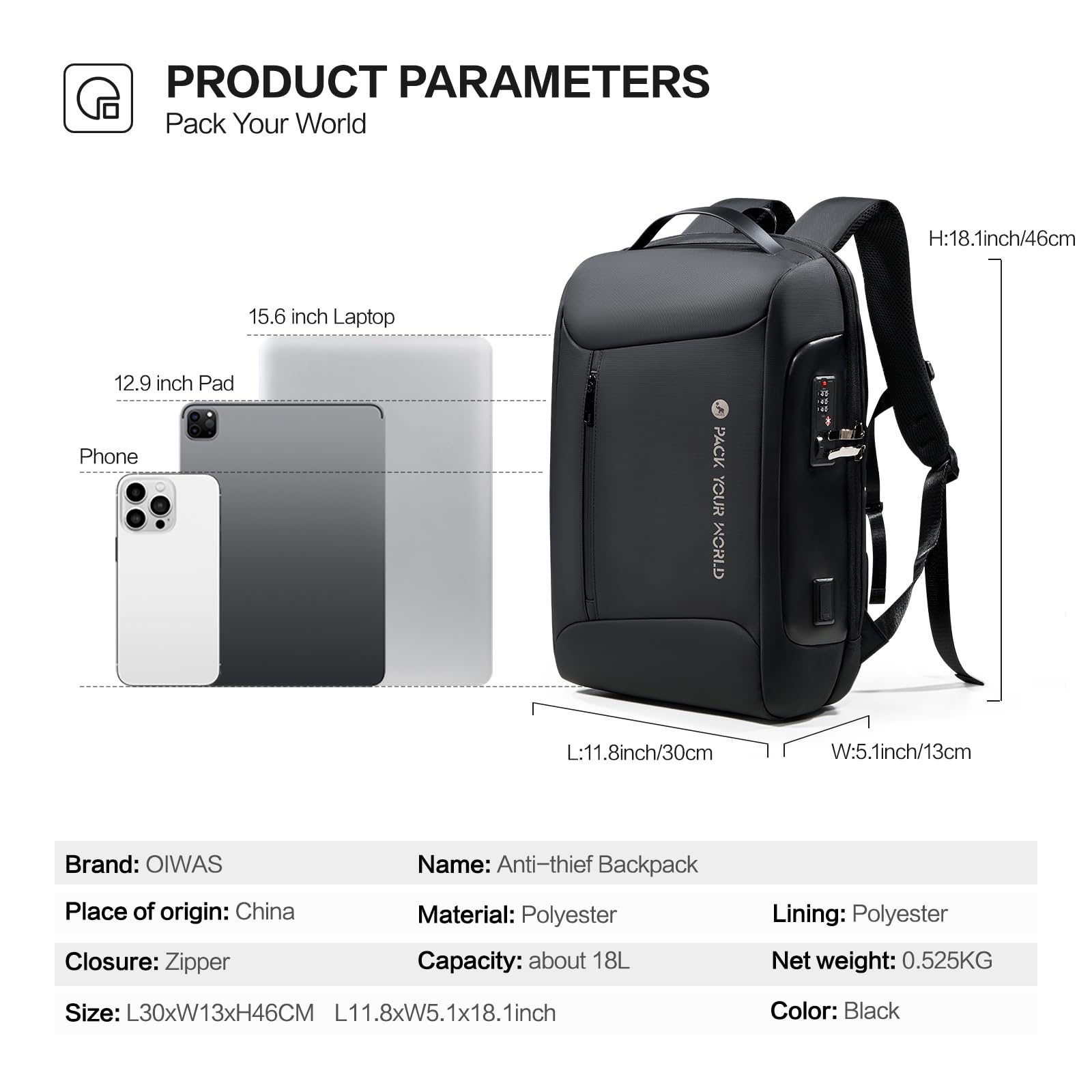OIWAS Anti-Theft Business Backpack for Men & Women - USB Charging Port, Waterproof 15.6 Inch Laptop Backpack for Travel, Work & College | Durable High-Tech Backpack for Commuters & Professionals