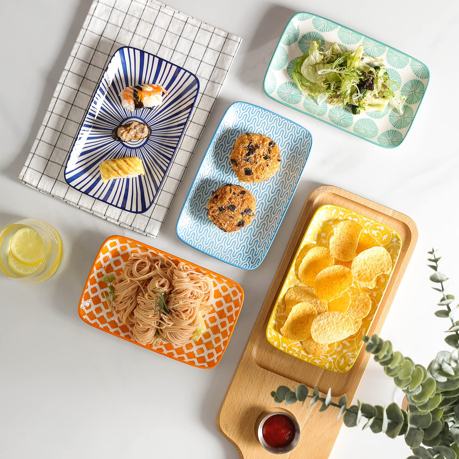 Selamica 8-Inch Rectangular Ceramic Plates - Set of 6 Colorful Dinner Plates for Salad, Pasta, Sushi, Appetizers & Desserts | Microwave, Oven & Dishwasher Safe | Perfect for Home Dining, Parties & Restaurant Use