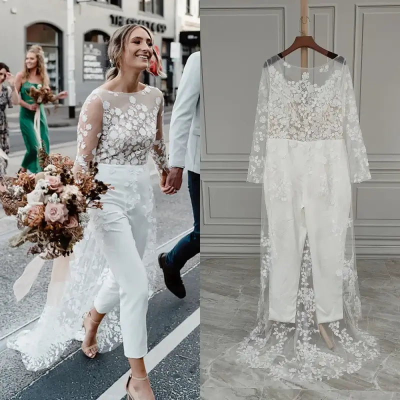 Elegant Floral Lace Backless Wedding Dress Jumpsuit - Perfect for Beach Weddings, Vow Renewals & Romantic Photoshoots