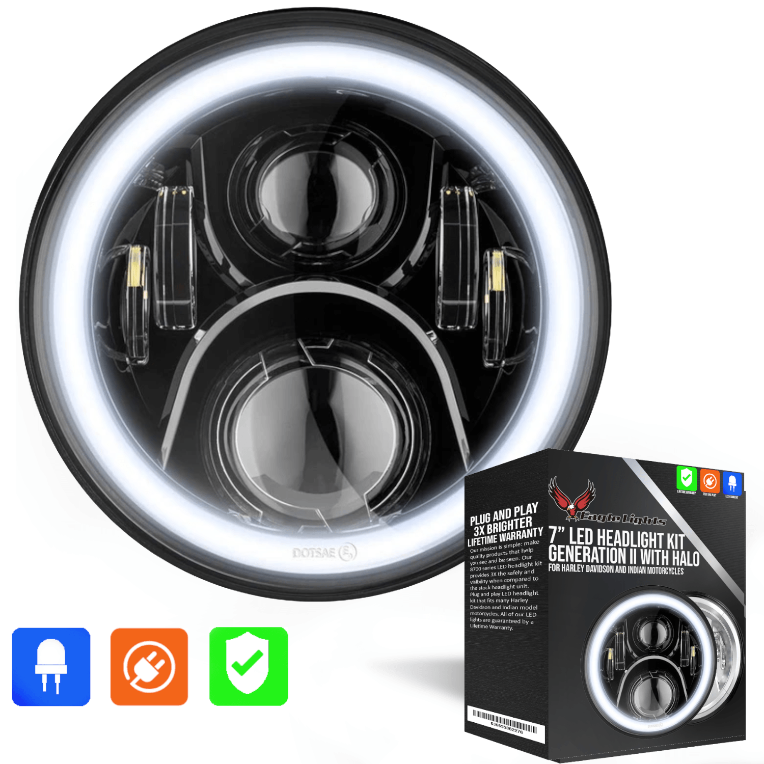 Eagle Lights 7 LED Headlight with Halo Ring - Compatible with Harley Davidson & Indian Motorcycles - Generation II Black Kit - Upgrade for Night Riding & Enhanced Visibility