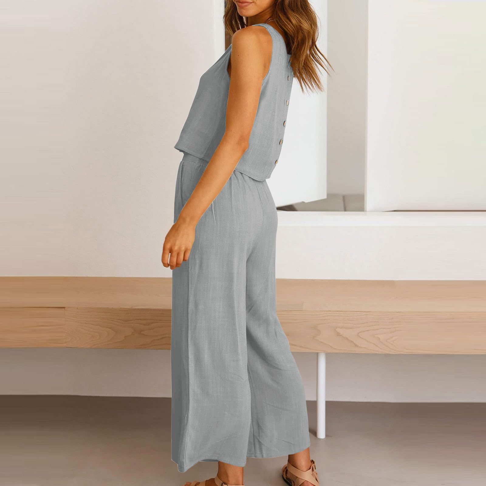 Women's 2-Piece Linen Lounge Set - Summer Crop Top & High Waist Wide Leg Capri Pants Outfit | Casual Wear, Beach Vacation, Yoga & Relaxation