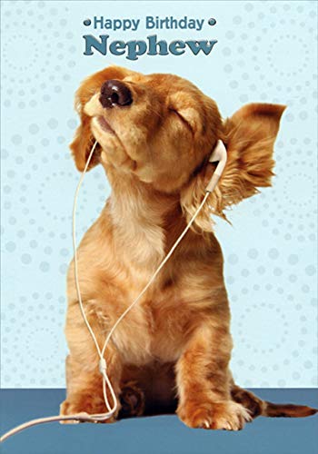 Designer Greetings Puppy Wearing Earbuds Birthday Card - Funny Nephew Gift for Birthday Parties & Special Occasions