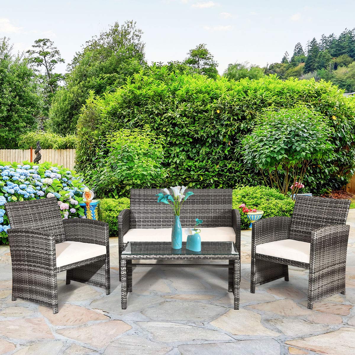 Tangkula 4-Piece Wicker Patio Conversation Set - Outdoor Rattan Sofa Set with Coffee Table & Soft Cushions, All-Weather Garden Furniture for Poolside, Balcony, Backyard & Patio Relaxation