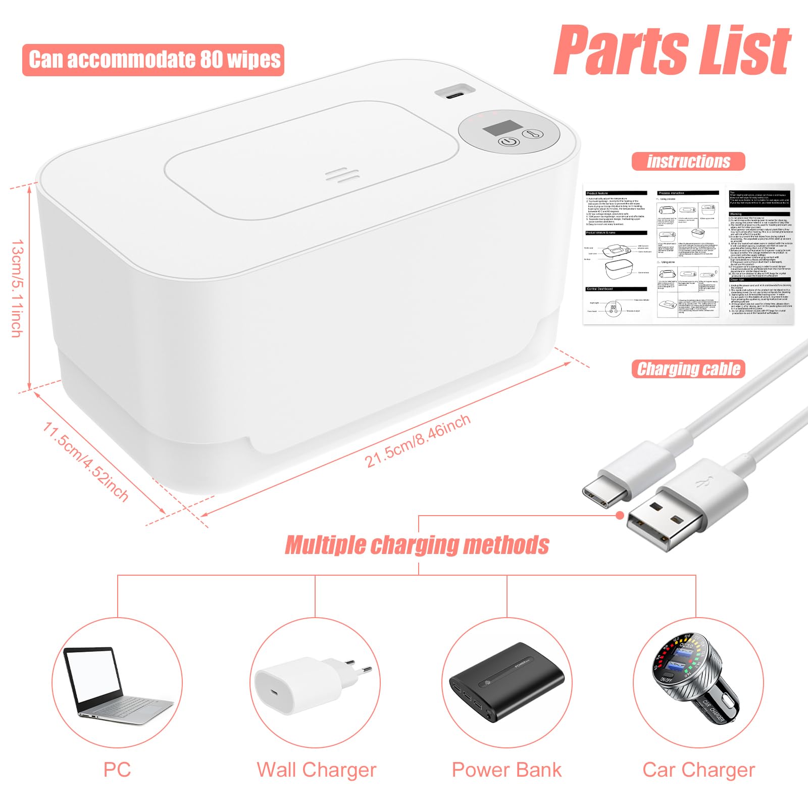 Abizarch Portable Baby Wipe Warmer with LED Light & USB Power - Adjustable Temperature 40-55°C - Keeps Wipes Warm & Moist for Diaper Changes, Baby Care - Perfect for Nursery, Travel & On-the-Go Parents