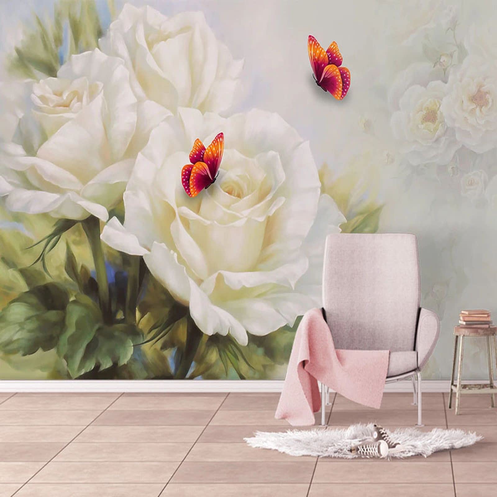 3D White Rose Garden Green Plants Wall Mural - Butterfly Flowers Art Painting Decor for Office & Nursery - Eco-Friendly Stain-Resistant Large Wallpaper 118x82.6 Inches (WxH) - Perfect for Home Decor, Living Room Accent Wall, and Commercial Spaces