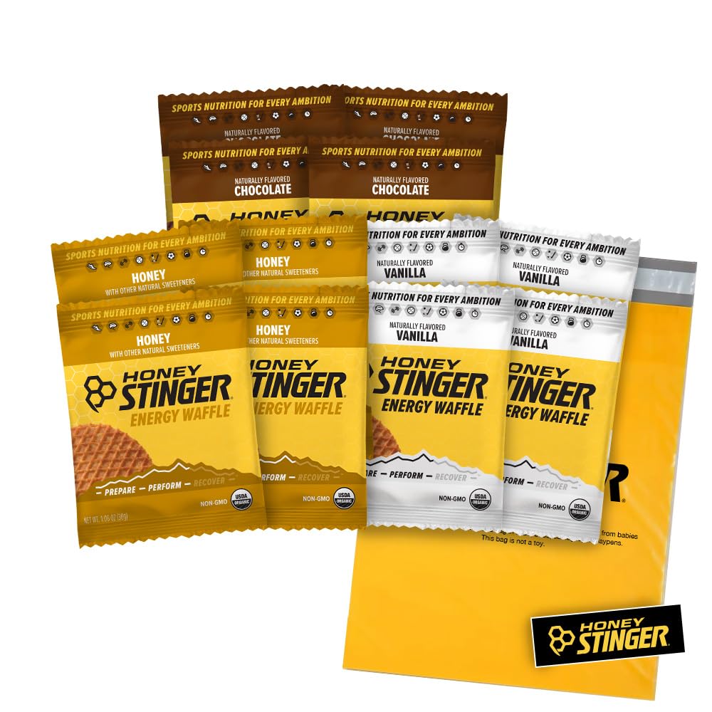 Honey Stinger Organic Energy Waffles Variety Pack - 12 Count (4 Honey, 4 Vanilla, 4 Chocolate) - Natural Sports Nutrition for Cycling, Hiking & Running - Includes Free Sticker & Custom Polybag