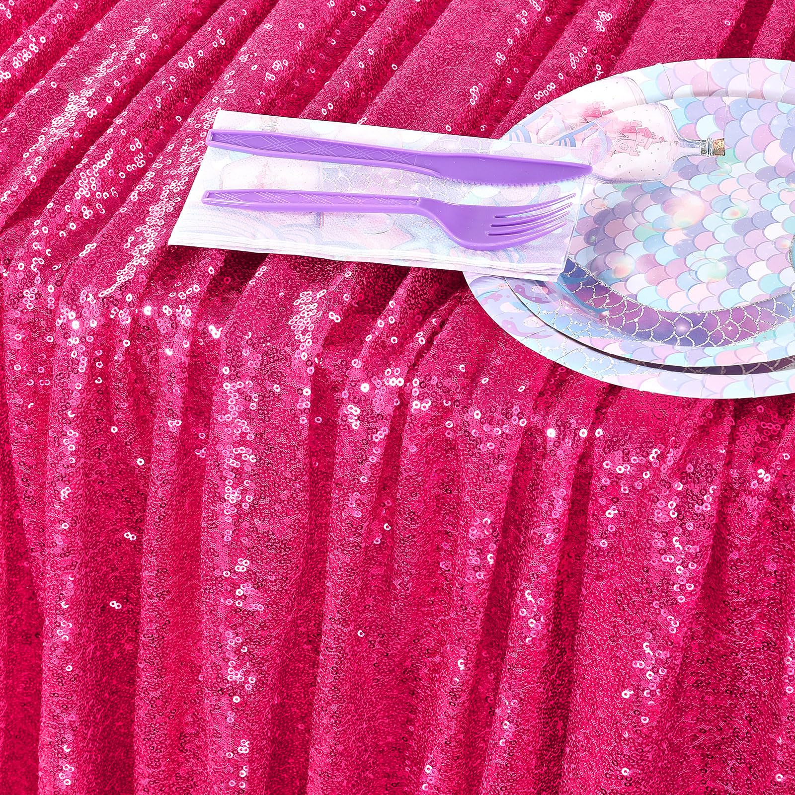 QueenDream 90 x 132 Inch Rectangular Sequin Tablecloth - Sparkly Fuchsia Table Cover for Outdoor Patio, Spring Party, Wedding & Baby Shower Decorations | Waterproof & Wrinkle-Resistant Dining Table Cloth for Home & Event Decor