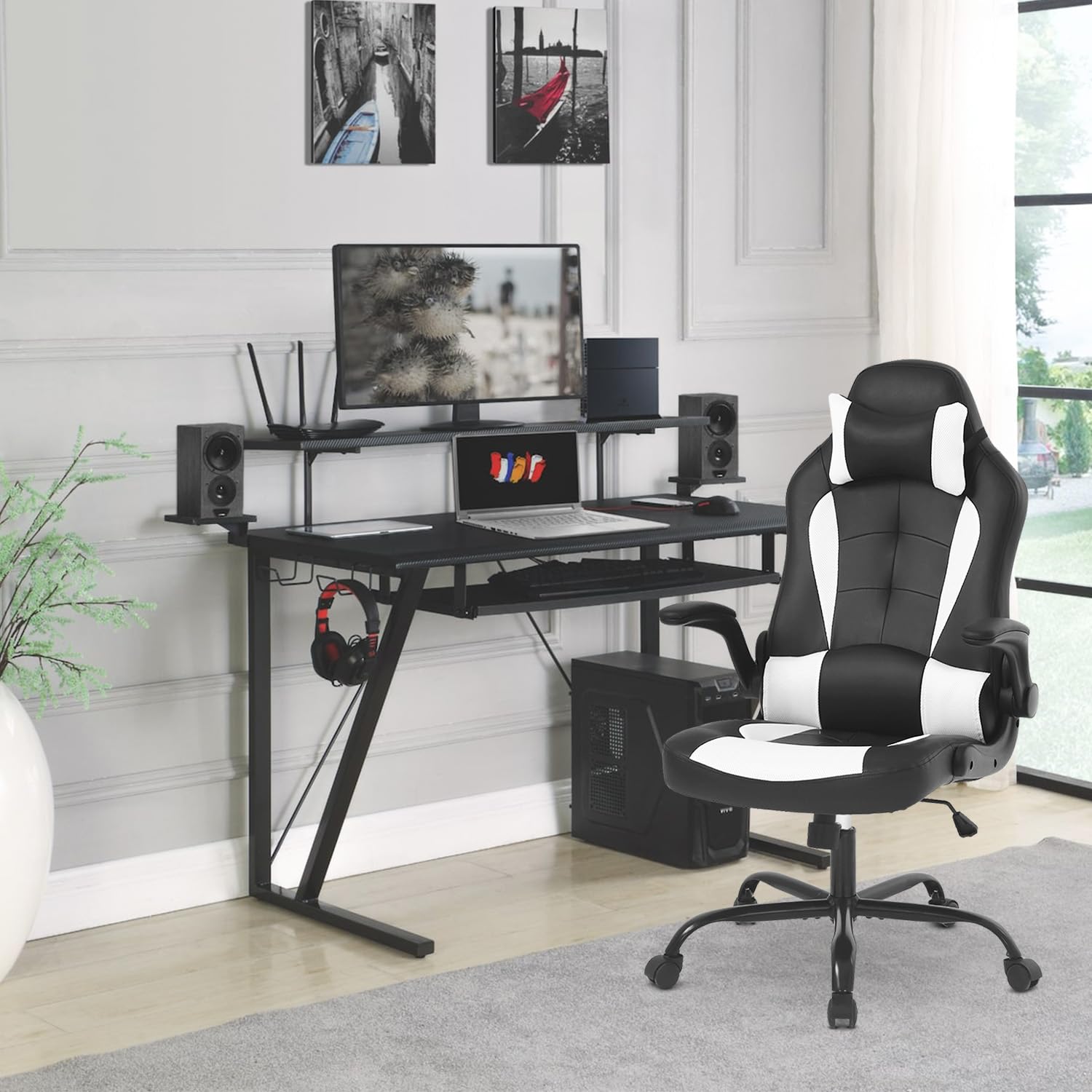Ergonomic Gaming Chair - High Back Racing Office Chair with Lumbar Support, Flip-Up Arms & Headrest - Adjustable Swivel Rolling PU Leather Computer Desk Chair for Gamers & Professionals (White) - Perfect for Esports, Streaming & Home Office Workspaces