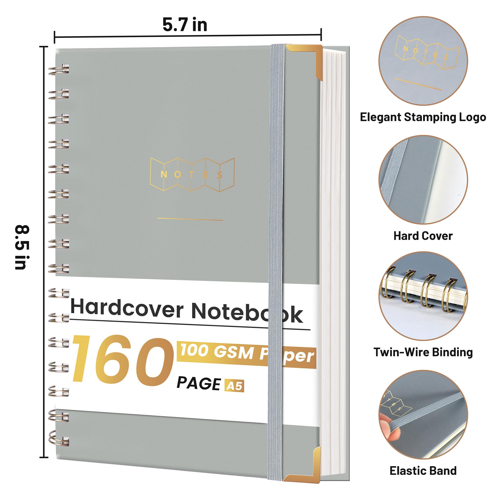 Premium Yoment Lined Spiral Notebook - 160 Page Hardcover A5 Journal (5x7 Inches) with College Ruled Paper for Work, School & Note Taking | Durable Gray Writing Notebook for Office, College & Daily Journaling