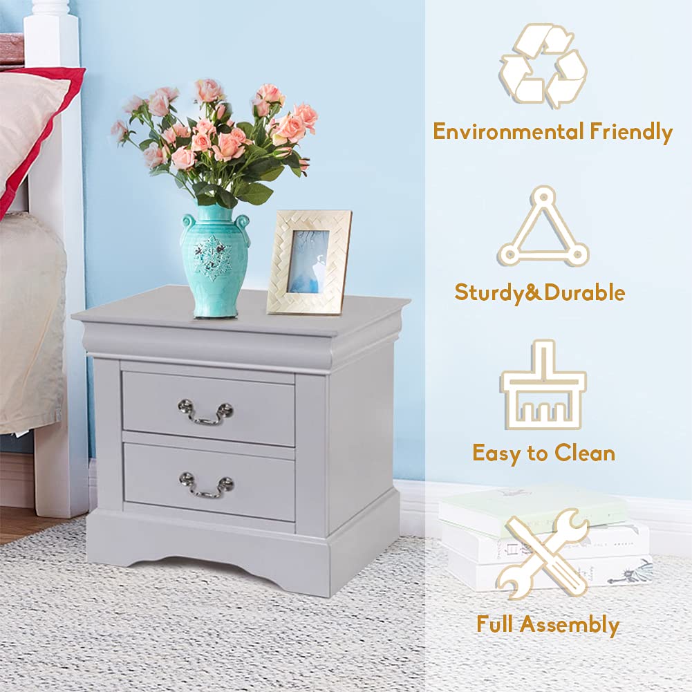 Modern 2-Drawer Nightstand with Handles - Solid Wood Bedside Table for Bedroom, Living Room & Dorm - No Assembly Needed (Platinum) | Perfect for Small Spaces, Guest Rooms & Apartment Decor