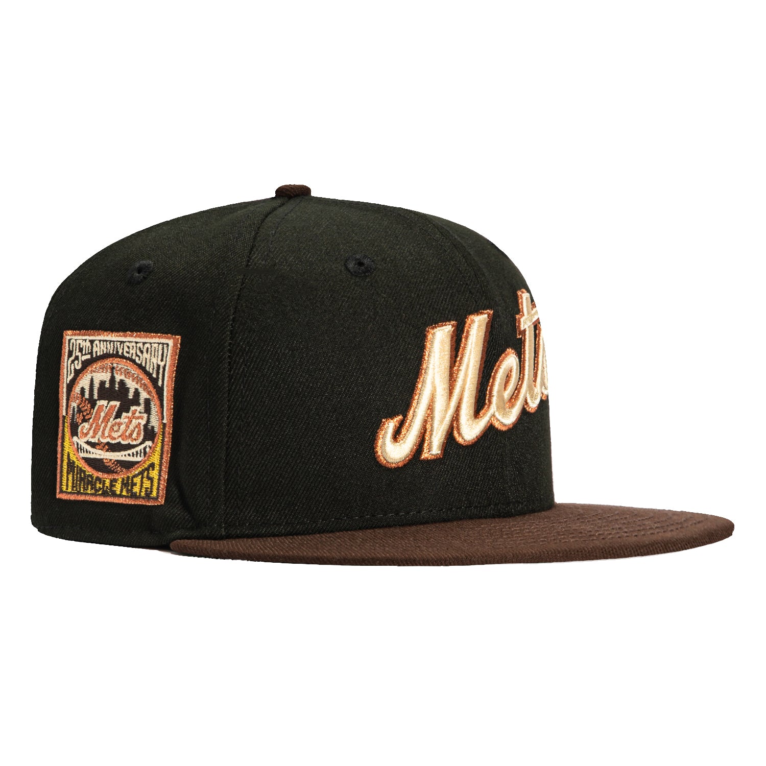 New Era 59Fifty New York Mets 25th Anniversary Patch Script Baseball Cap - Black, Brown, Metallic Copper - Perfect for MLB Games, Sports Events & Streetwear Fashion