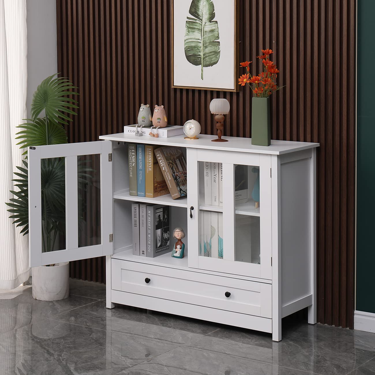 Ansley&HosHo White Wood Kitchen Pantry Cabinet - Modern Sideboard Buffet Table for Dining Room & Living Room - Glass Door Entryway Console Cabinet for Hallway Storage - Perfect for Home Organization & Entertaining