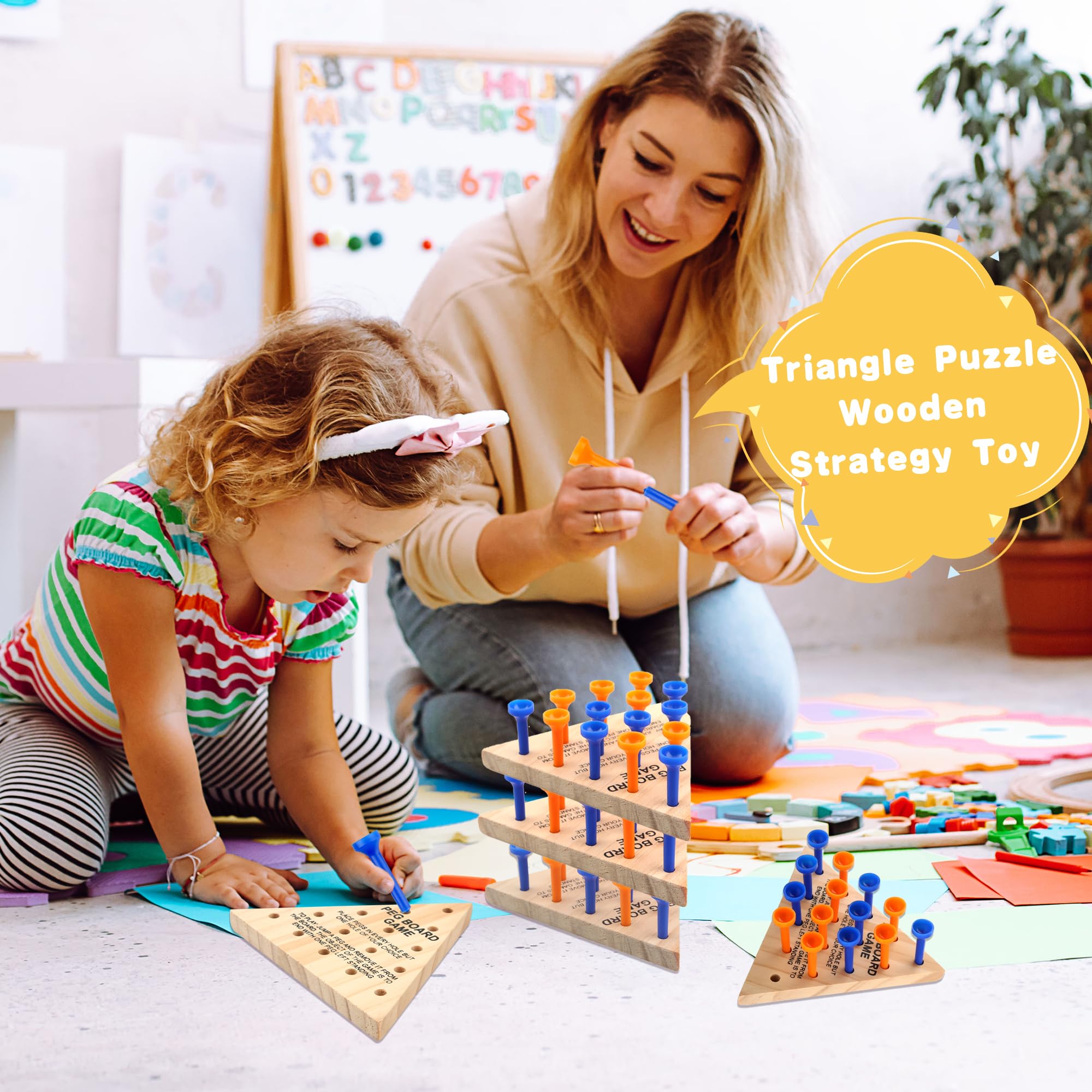 Wooden Triangle Peg Game - 8 Pack Strategy Board Game for Family Travel & Gatherings