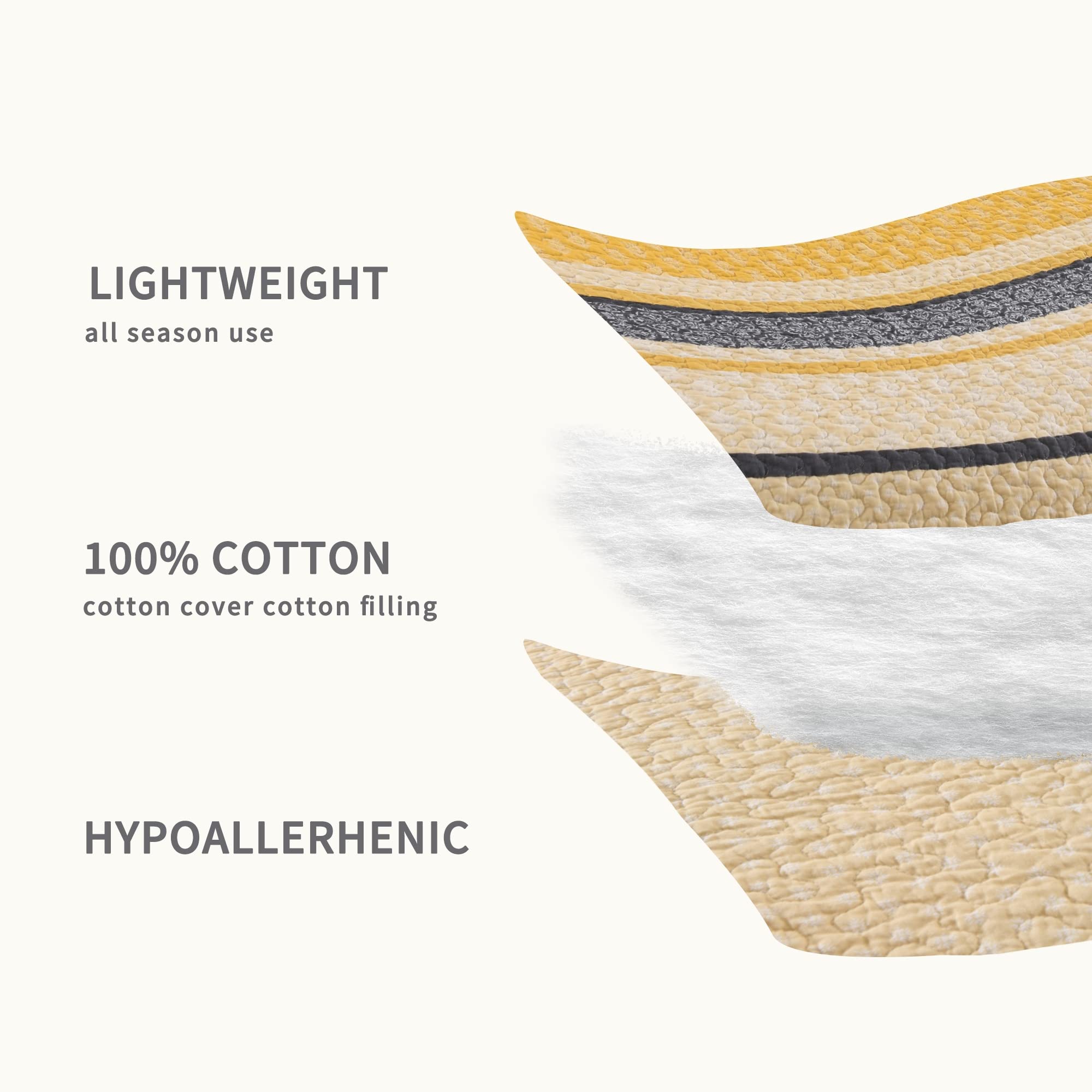 Homzard Queen Size Quilt Bedding Set - 3 Piece Lightweight Cotton Comforter in Yellow, Black & Grey Stripes | Farmhouse Style All Season Bedspread for Cozy Home Decor