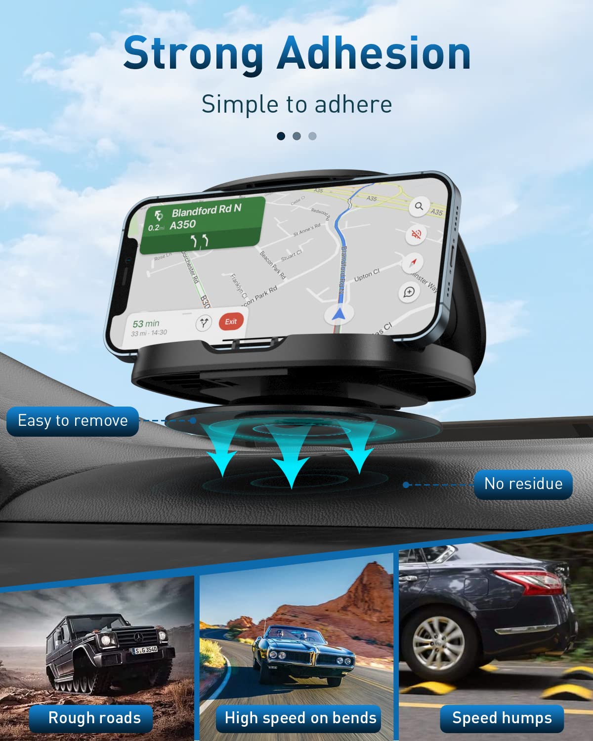 360° Rotatable Car Phone Mount - Adjustable Dashboard Phone Holder for iPhone, Samsung & All Smartphones | Horizontal & Vertical Viewing | Washable & Reusable | Perfect for GPS Navigation, Hands-Free Calls & Road Trips