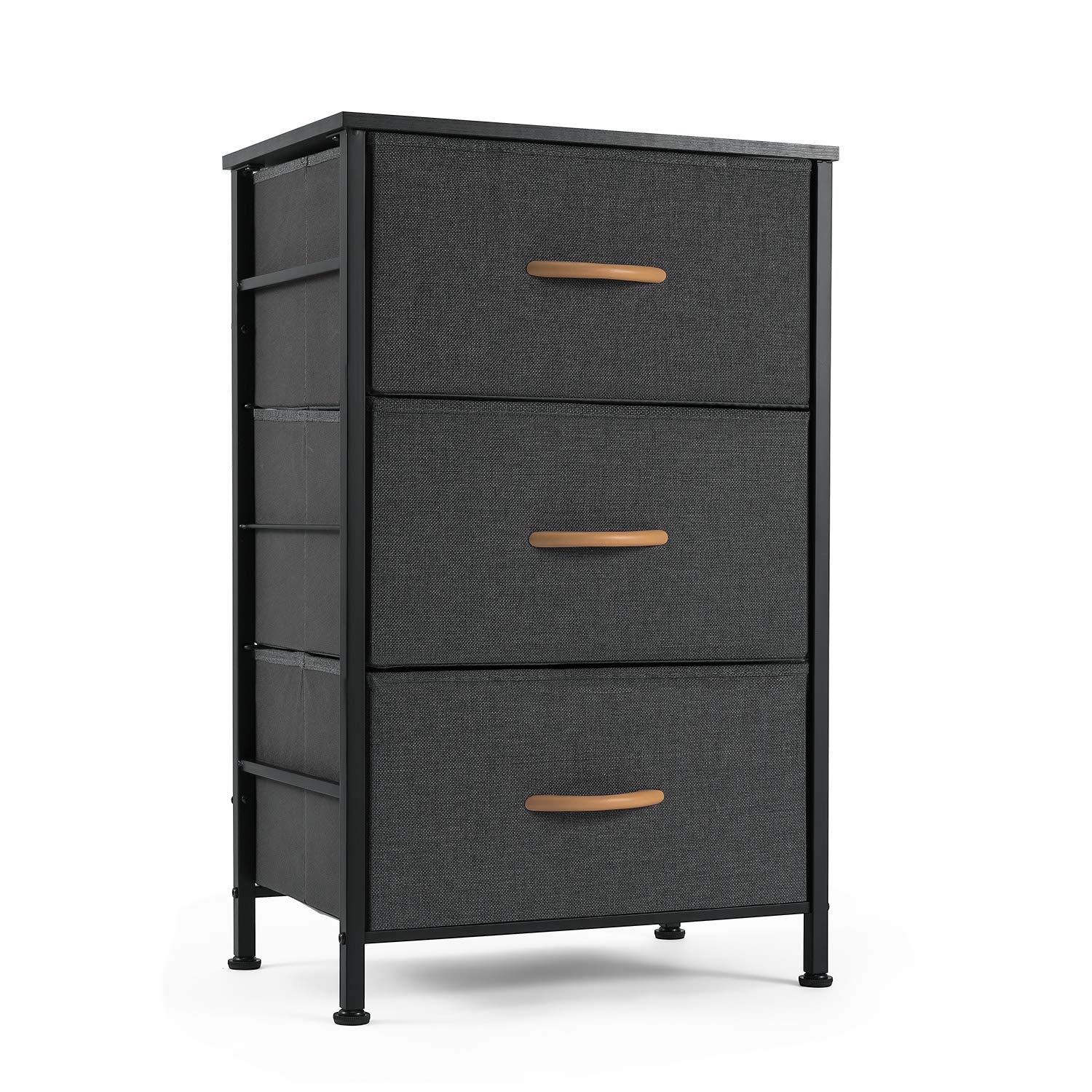 ROMOON 3-Drawer Nightstand with Wood Top & Fabric Bins - Lightweight Bedside Table with Storage for Bedroom, College Dorm, Closet & Nursery - Dark Gray | Perfect for Small Spaces & Extra Bedroom Storage