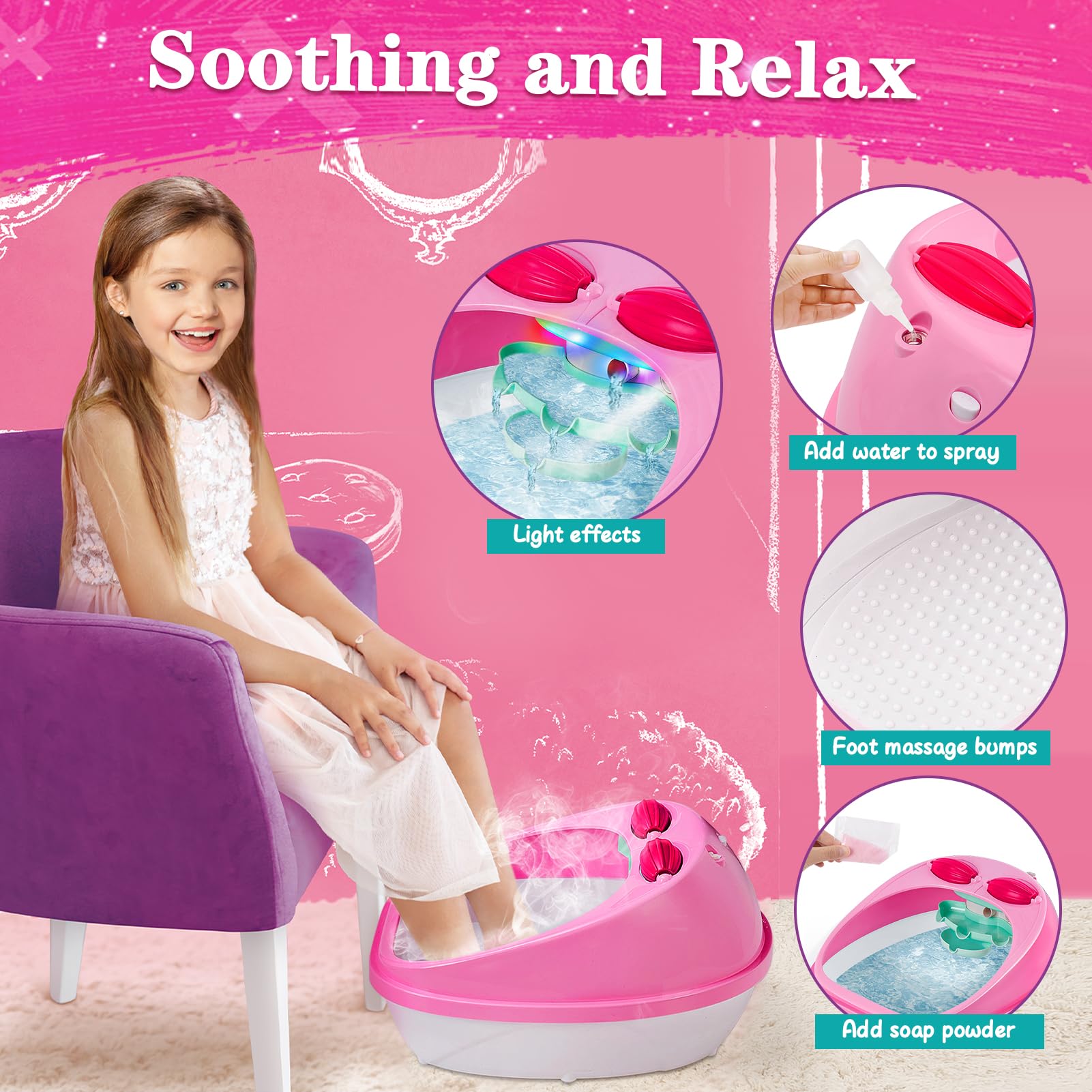 Kids Foot Spa & Nail Care Kit - Girls Manicure Pedicure Set with Massage Soak Tub & Nail Dryer | Perfect for Spa Day, Birthday & Christmas Gifts for Girls Ages 5-12 | Fun Salon Pretend Play & Relaxation at Home