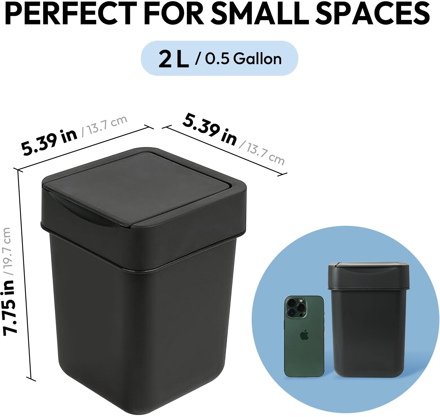Carrotez 2 Liter Mini Trash Can - Small Wastebasket for Coffee Bar, Vanity, Desk & Countertop | Compact Garbage Bin for Office, Bathroom & Kitchen - Black