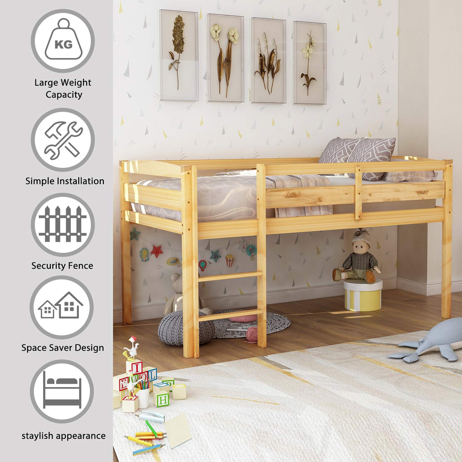 Harper & Bright Designs Twin Size Low Loft Bed with Ladder & Safety Guardrails - Solid Wood Kids Loft Bed Frame for Toddlers, Teens & Small Spaces (Natural Finish) | Perfect for Dorm Rooms, Small Bedrooms & Space-Saving Kids Furniture
