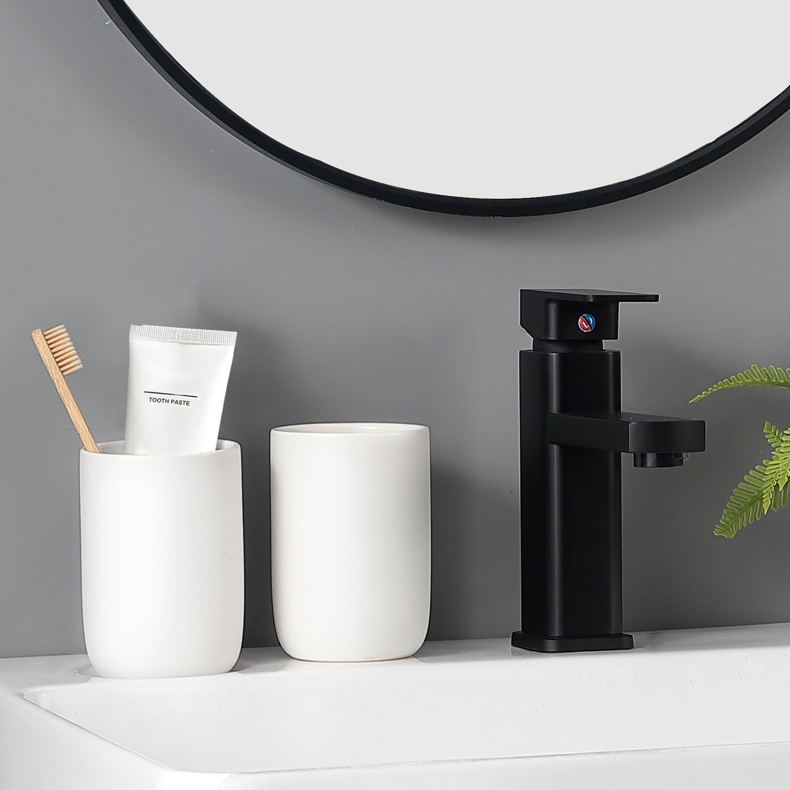 Ceramic Toothbrush Holder for Bathroom - White Reusable Toothbrush & Toothpaste Cup with Mouthwash Compartment | Bathroom Counter Organizer for Sink, Vanity & Shower Organization